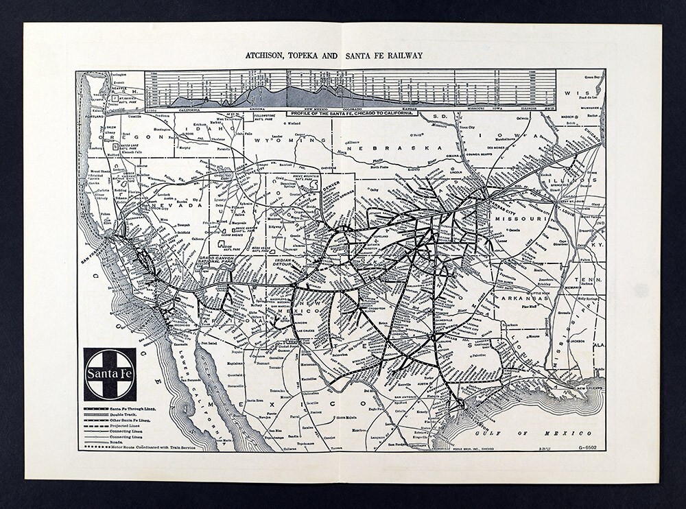1938 Poole Bros Map Santa Fe Railroad Chicago Houston Texas San Francisco CA RR