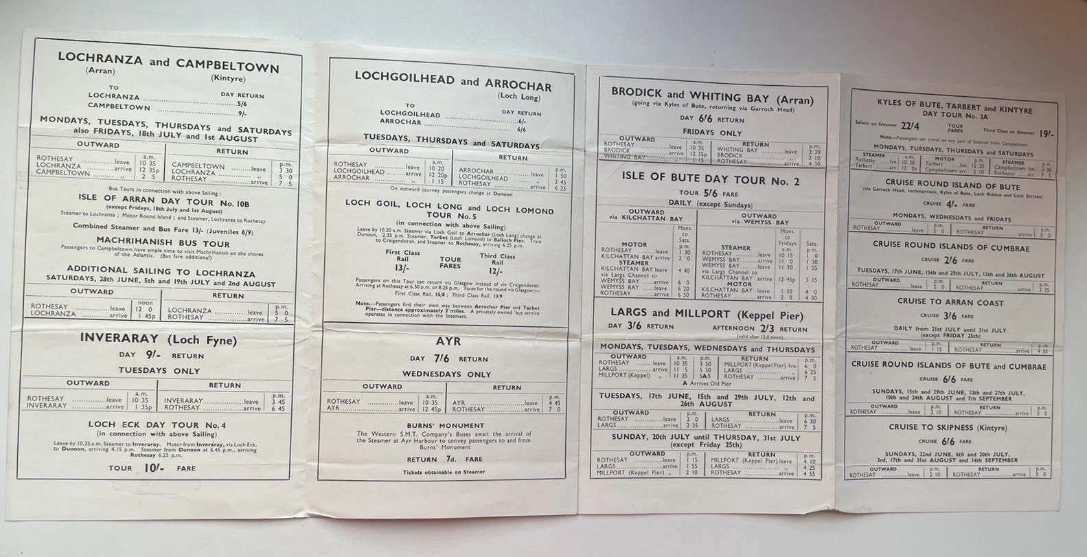 1950s programme / timetable for sailings and tour in Rothesay – British Railways