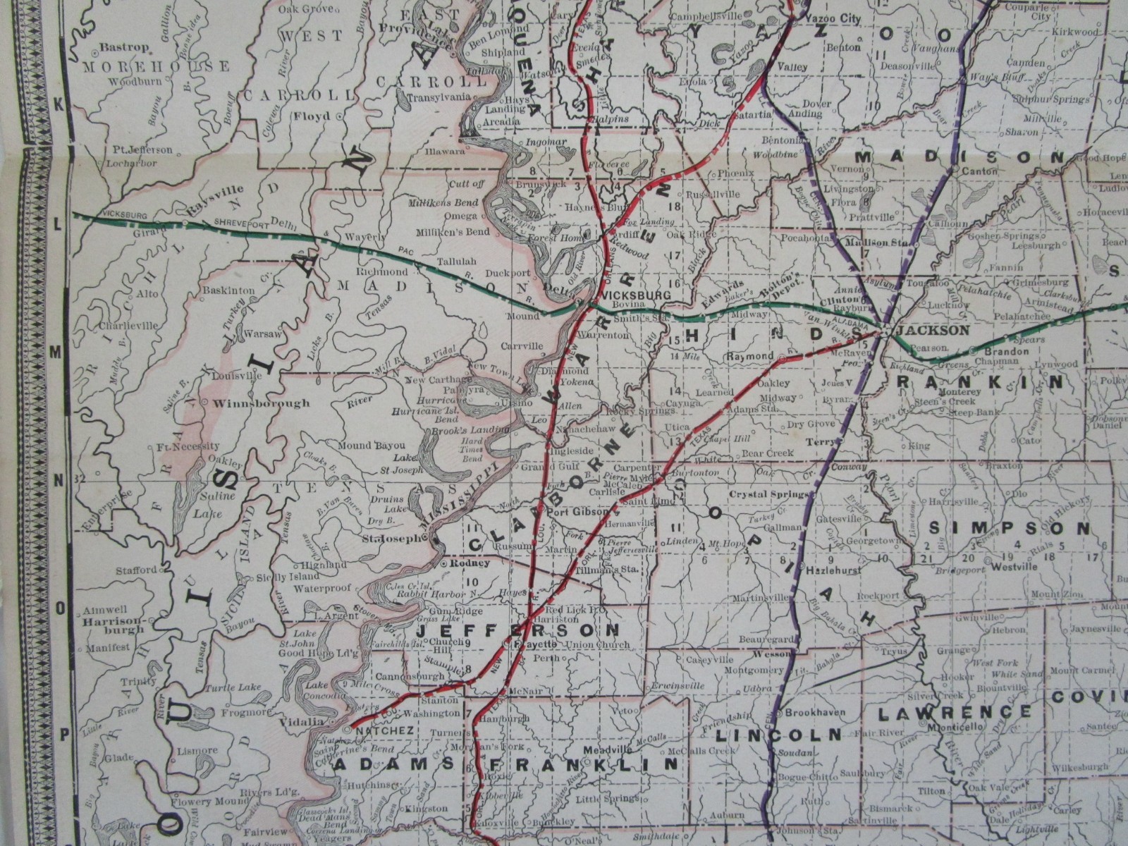ANTIQUE MS 1891 MISSISSIPPI RAILROAD Map. Cram. NEW ORLEANS NORTHEASTERN RR