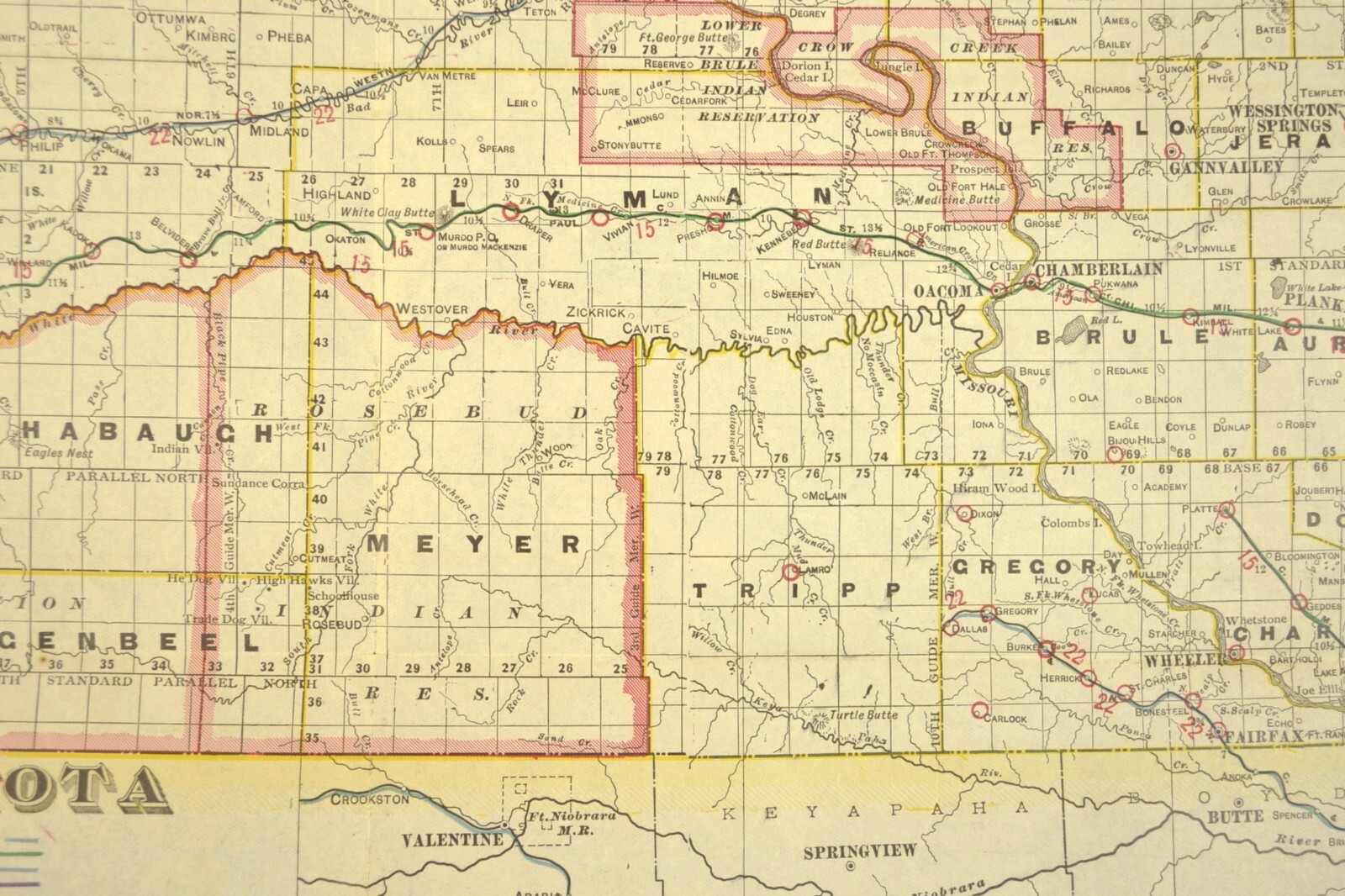 ca 1905 South Dakota Railroad Map Yankton & Western RR Wyoming & Missouri River