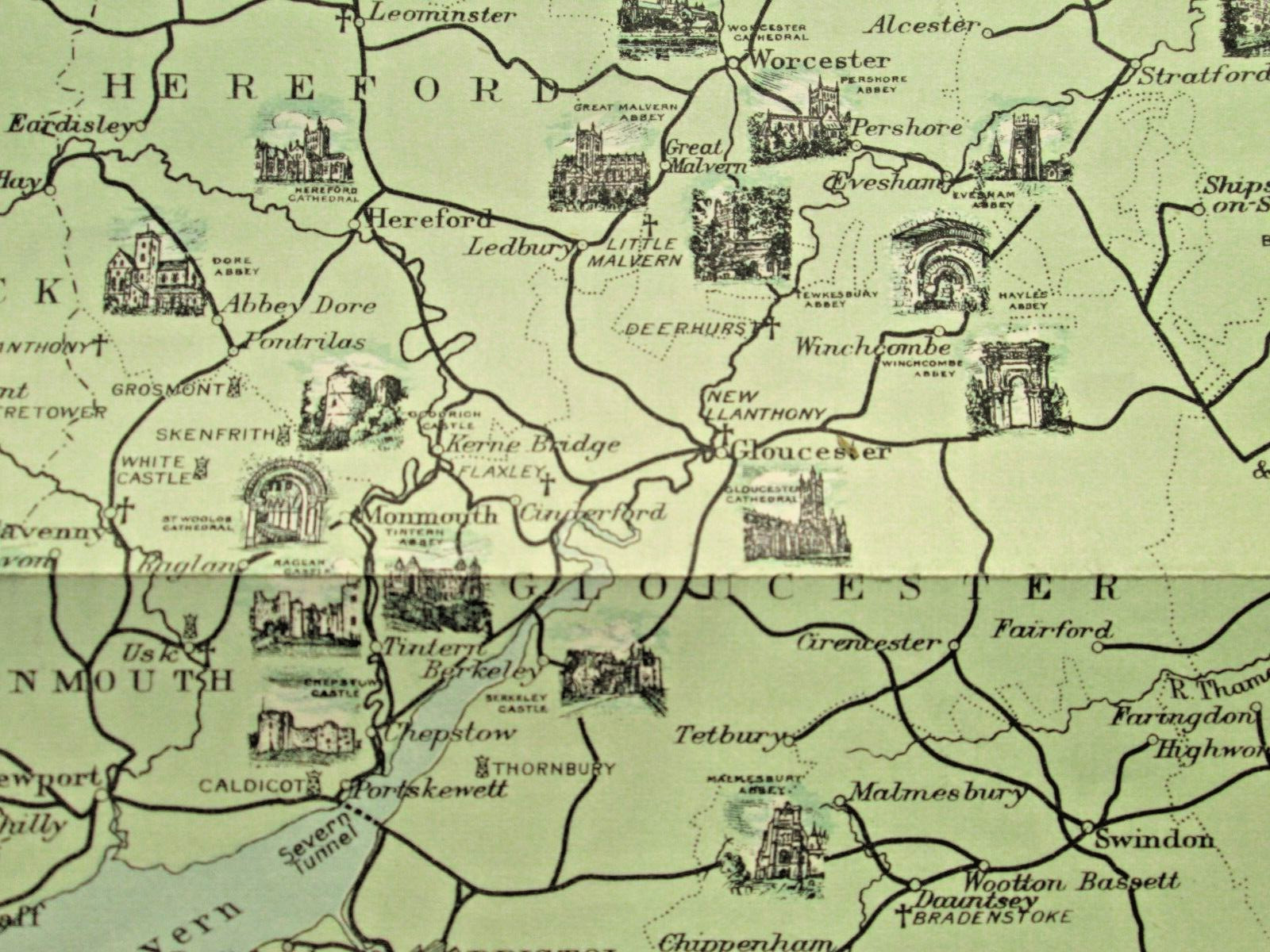Vintage 1930’s Map of Great Western Railroad England w/ Cathedrals Castles 22×17