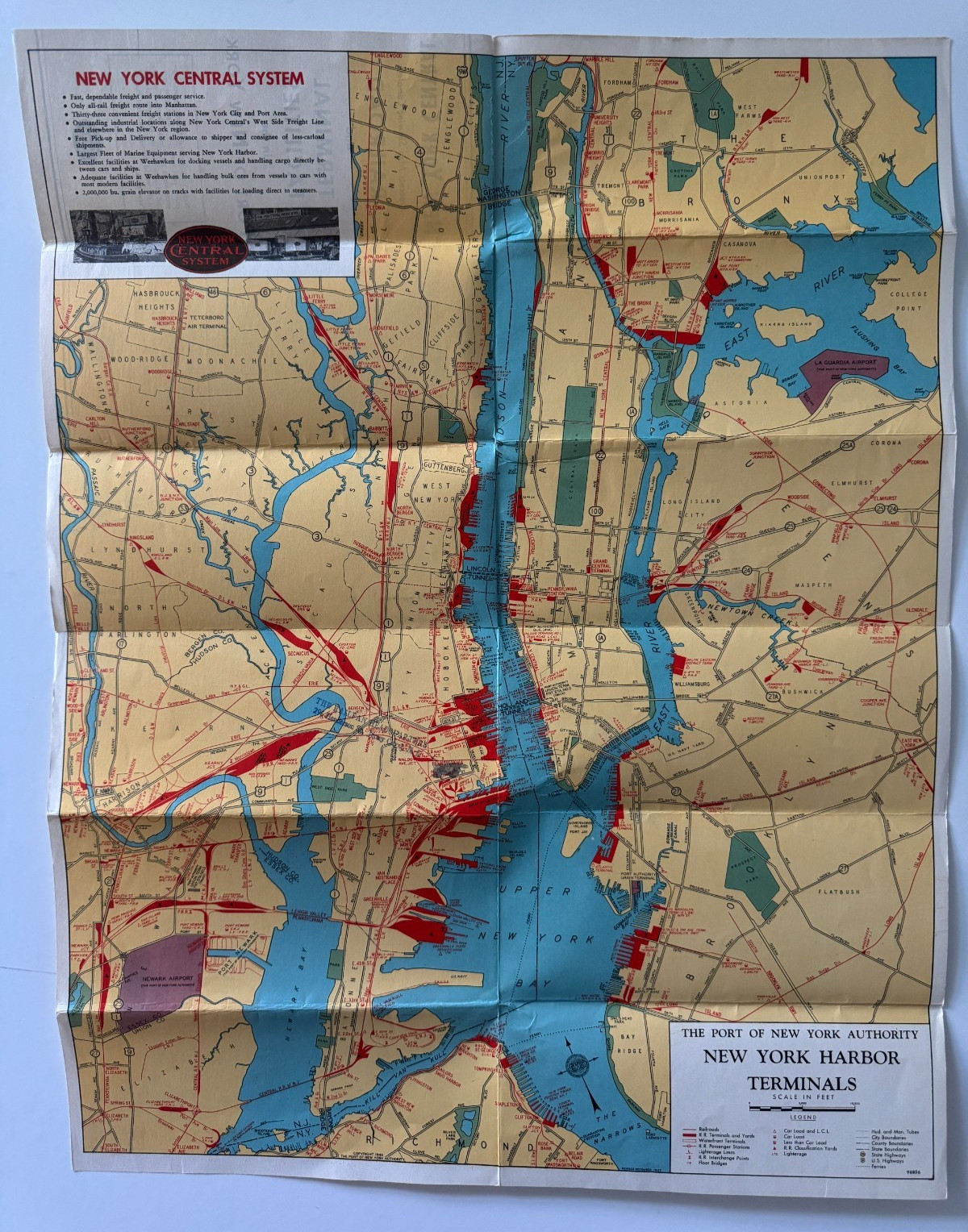 Vintage 1947 New York Central RR Railroad Map Terminal Facilities Port of NY