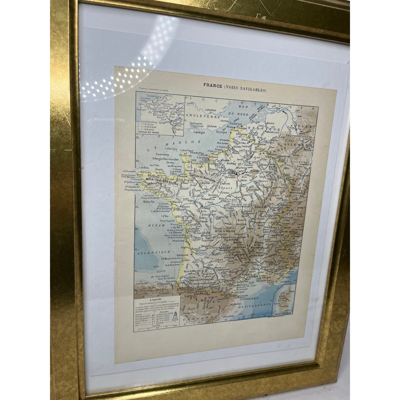 Vintage Gold Framed France Railroads and Waterways Maps from “Le Noveau Larousse