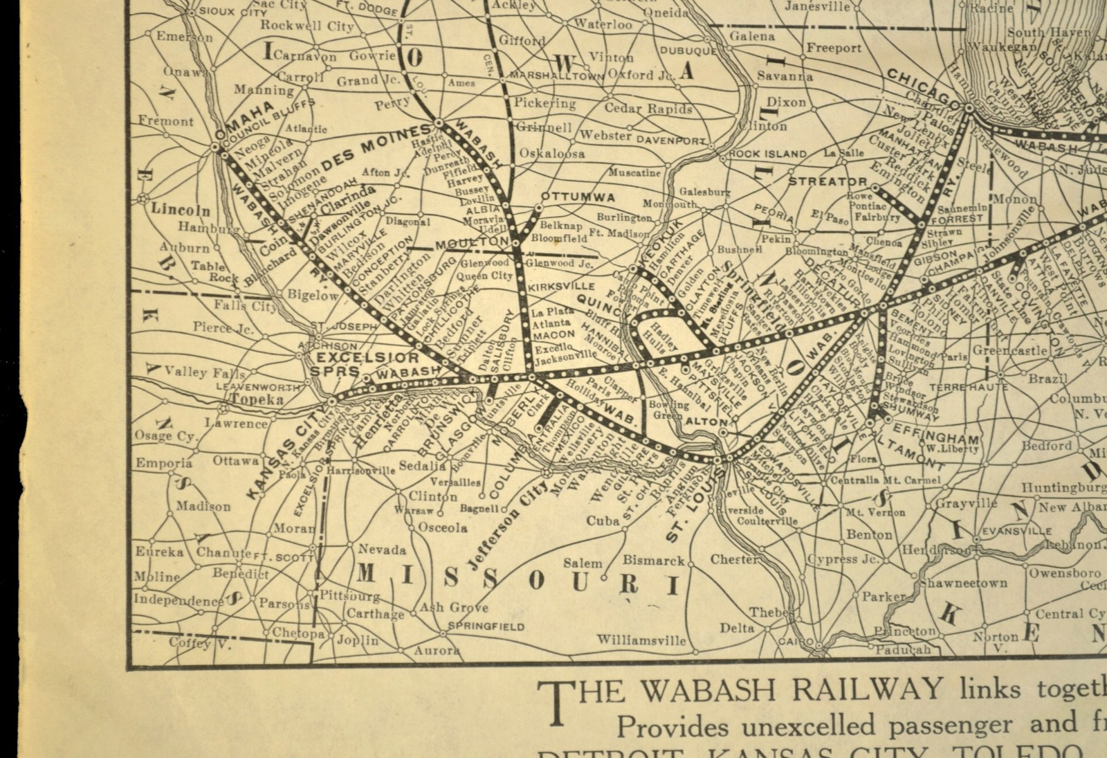 ca 1925 WABASH Railroad Map of the WAB Railway Omaha Des Moines Buffalo Chicago