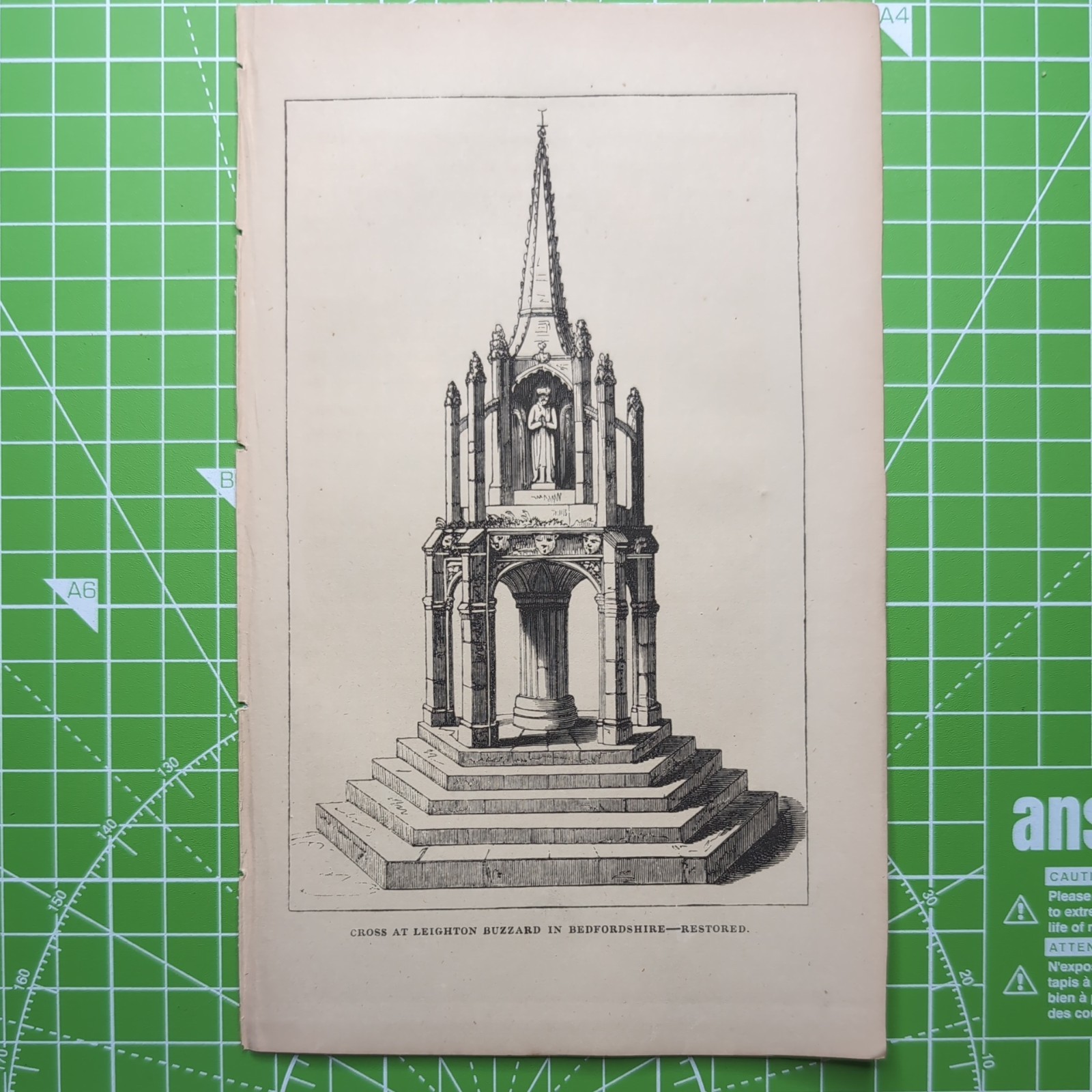Original 1839 Antique Engraving Of Cross At Leighton Buzzard In Bedfordshire