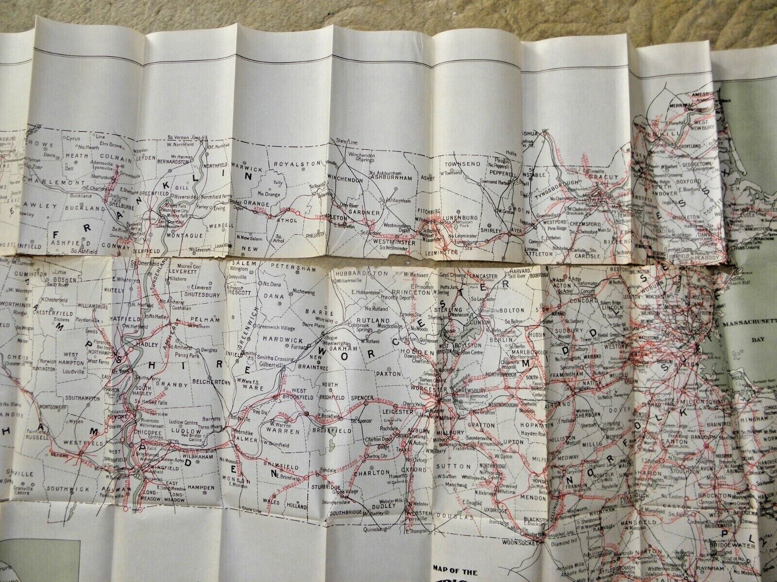 ANTIQUE LARGE MAP OF THE ELECTRIC RAILWAYS STATE OF MASSACHUSETTS RAILROADS 1908