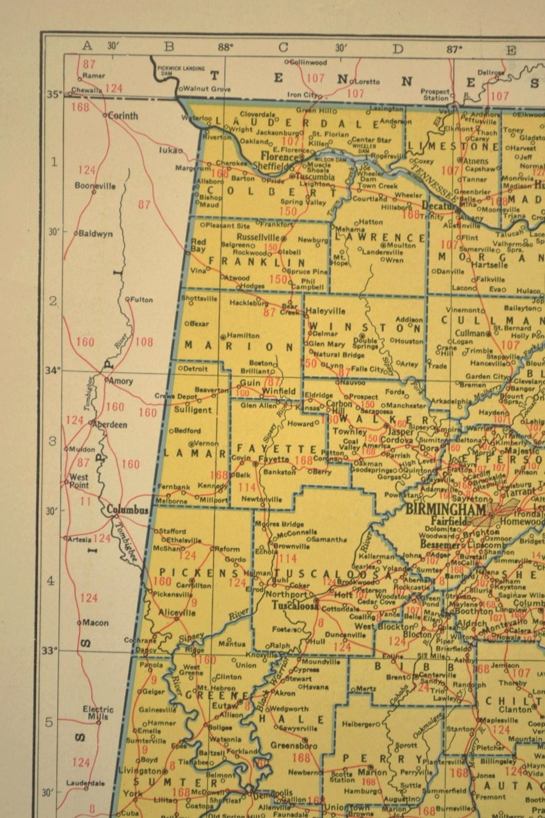 Vintage ALABAMA Map Railroad Depot Towns Birmingham Louisville & Nashville RR