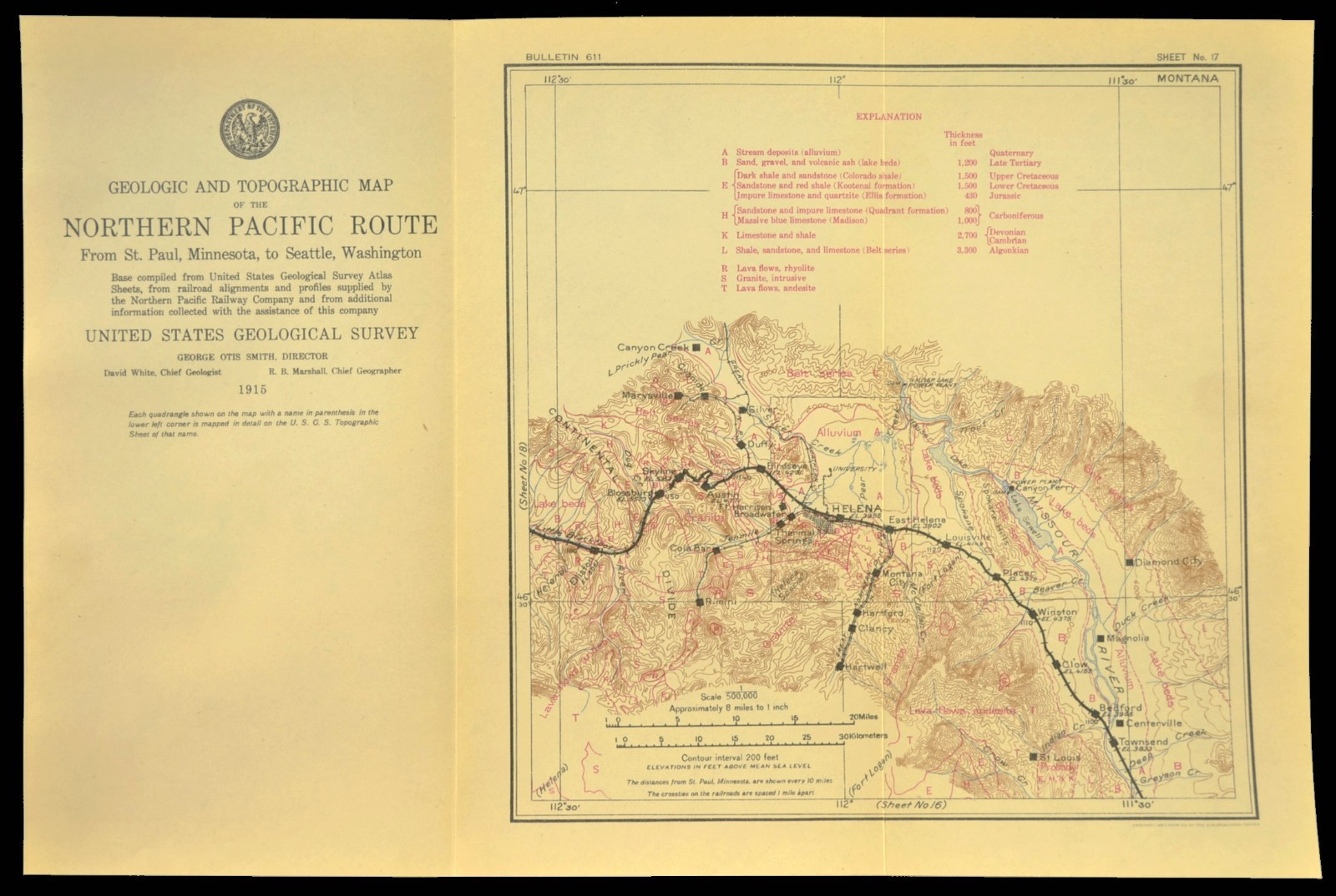 Antique Map of the Northern Pacific Railroad Line Helena Montana Geological