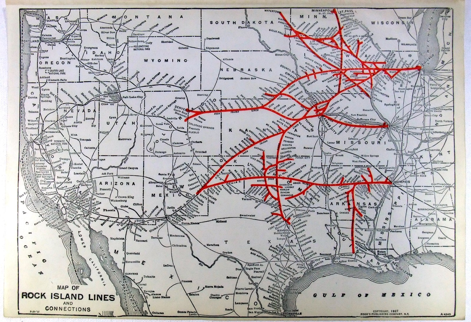 Rock Island Lines – Original 1927 Railroad Map. Antique Railway