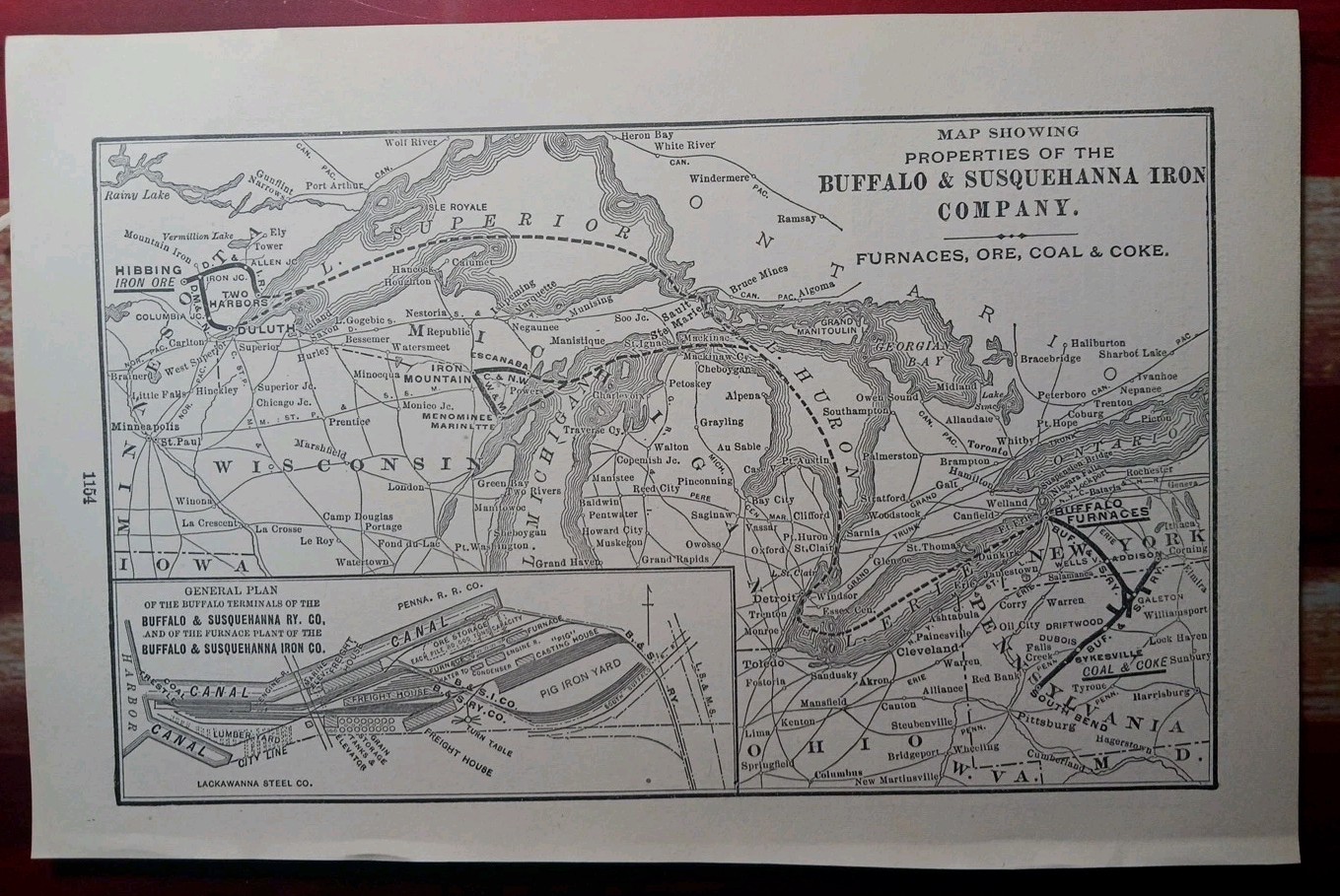 ~1904 RARE Railroad Map BUFFALO & SUSQUEHANNA IRON COMPANY Ore Coal Coke Furnace