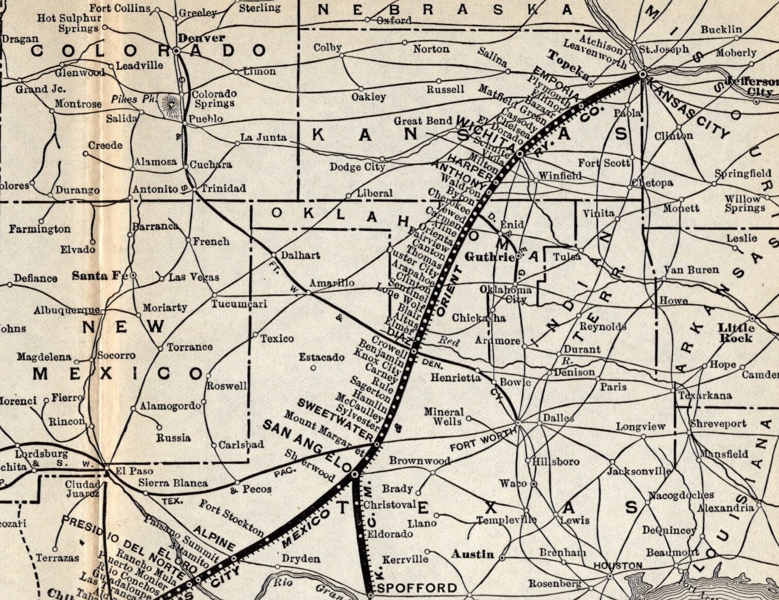 1905 Antique Kansas City Mexico & Orient Railway Map Railroad Map 1882