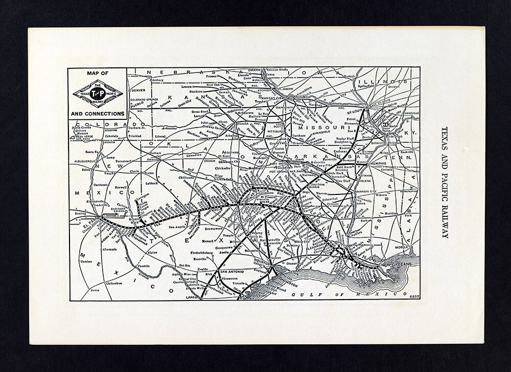 1941 LaSalle Railroad Map Texas & Pacific Railway New Orleans Dallas El Paso TX