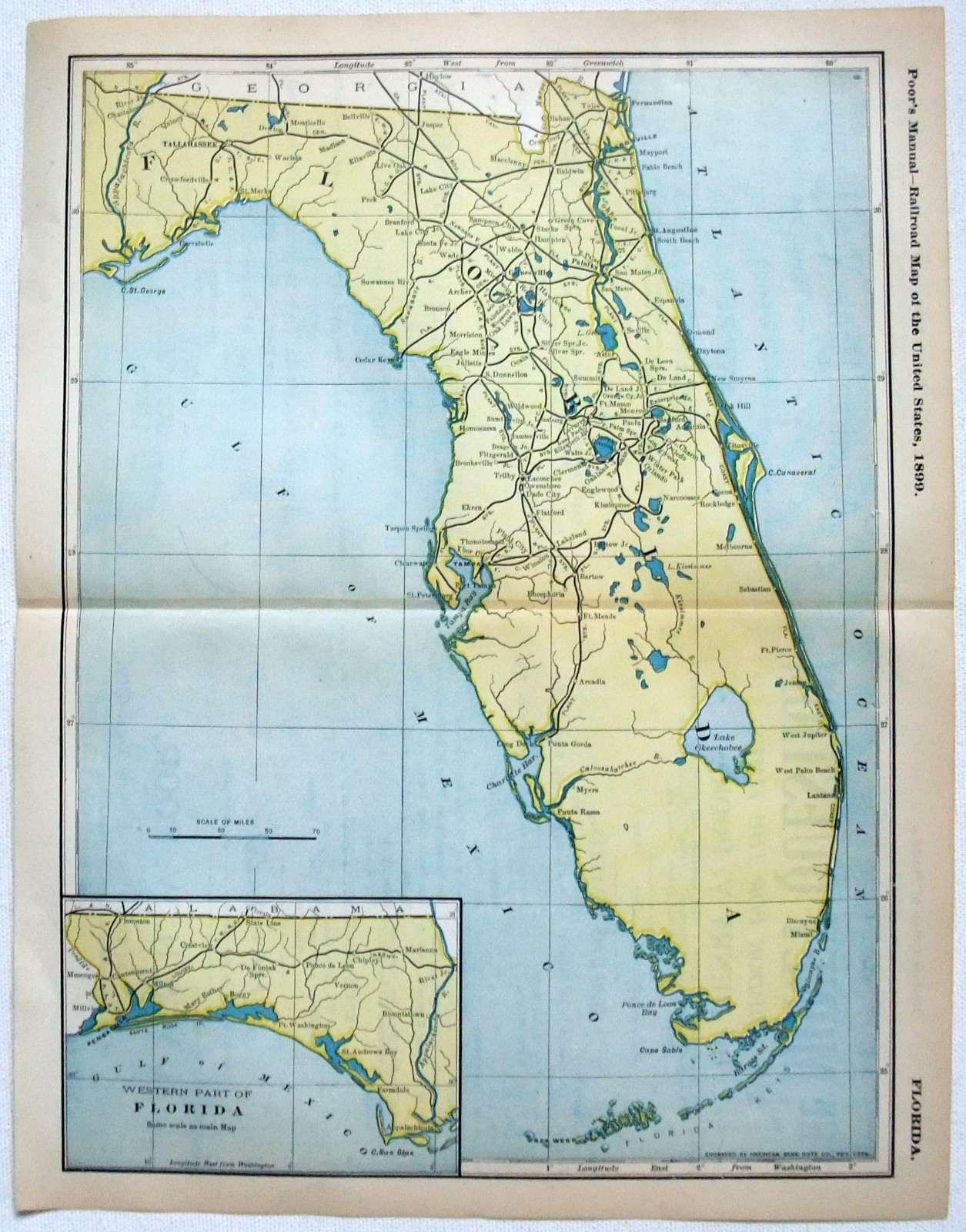 Florida – Original 1899 Railroad Map. Antique