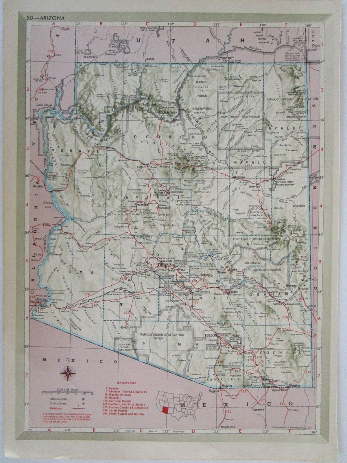 AL AZ Vintage 1951 ALABAMA RAILROAD Map. MERIDIAN BIGBEE RIVER RR or ARIZONA