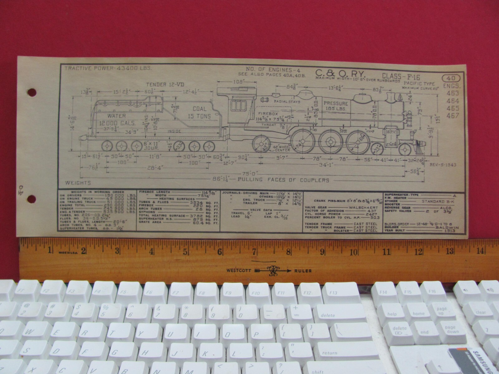 CHESAPEAKE & OHIO RAILROAD ORIG PRINTED DIAGRAM CLASS F-16 LOCOMOTIVE #463 – 467