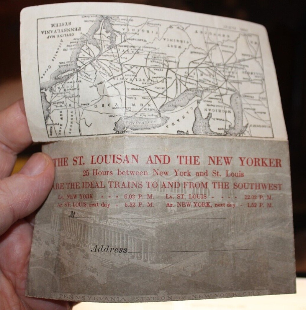 St. Louisan & New Yorker Penn System Railroad map Ticket Envelope 1917
