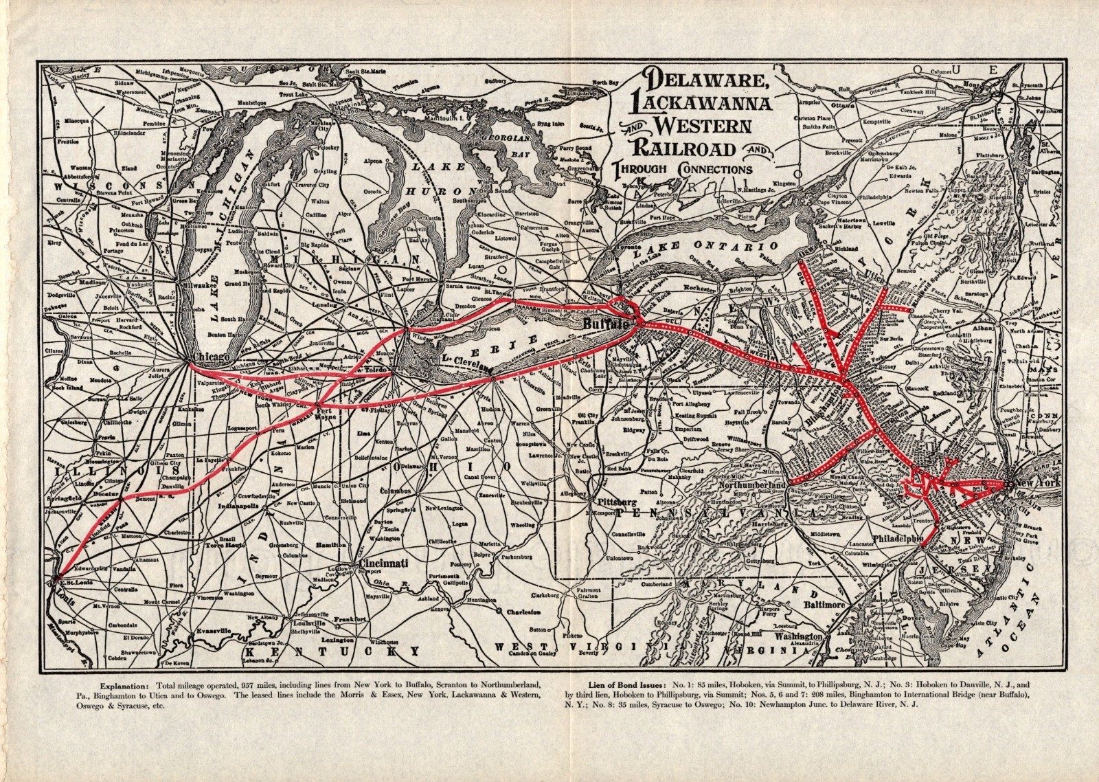 1910 Antique Delaware Lackawanna and Western Railroad Map Railway Map 2655