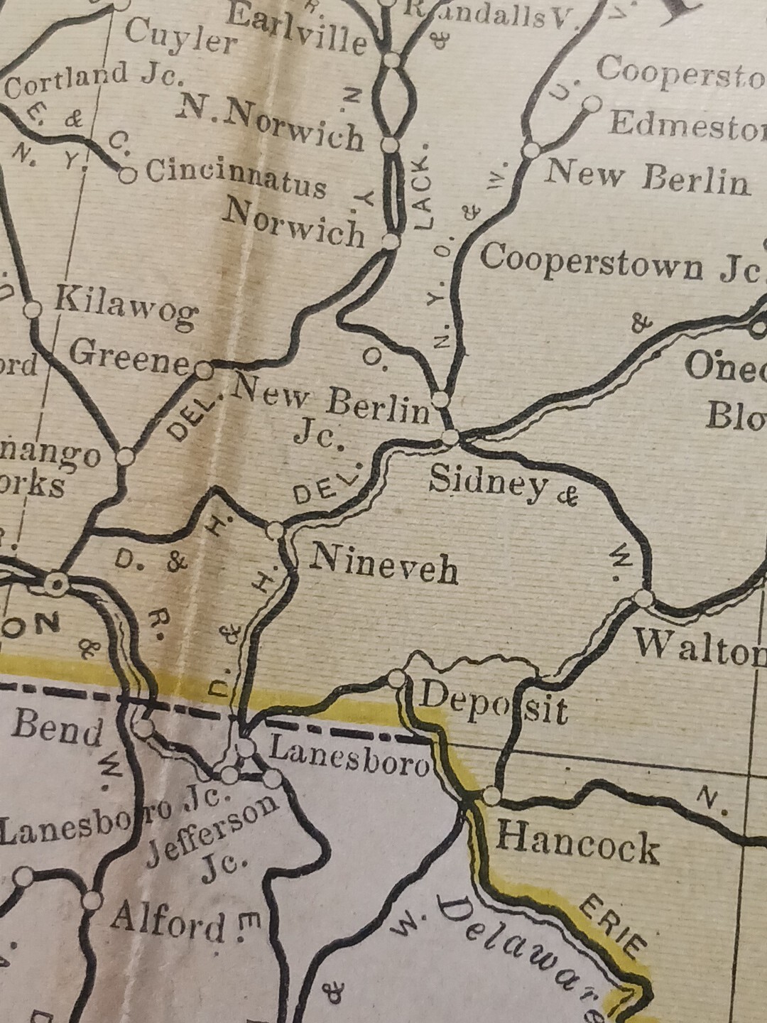 1906 Dated Train Route Map NEW YORK all Railroad Lines Junctions Towns 11″×9″