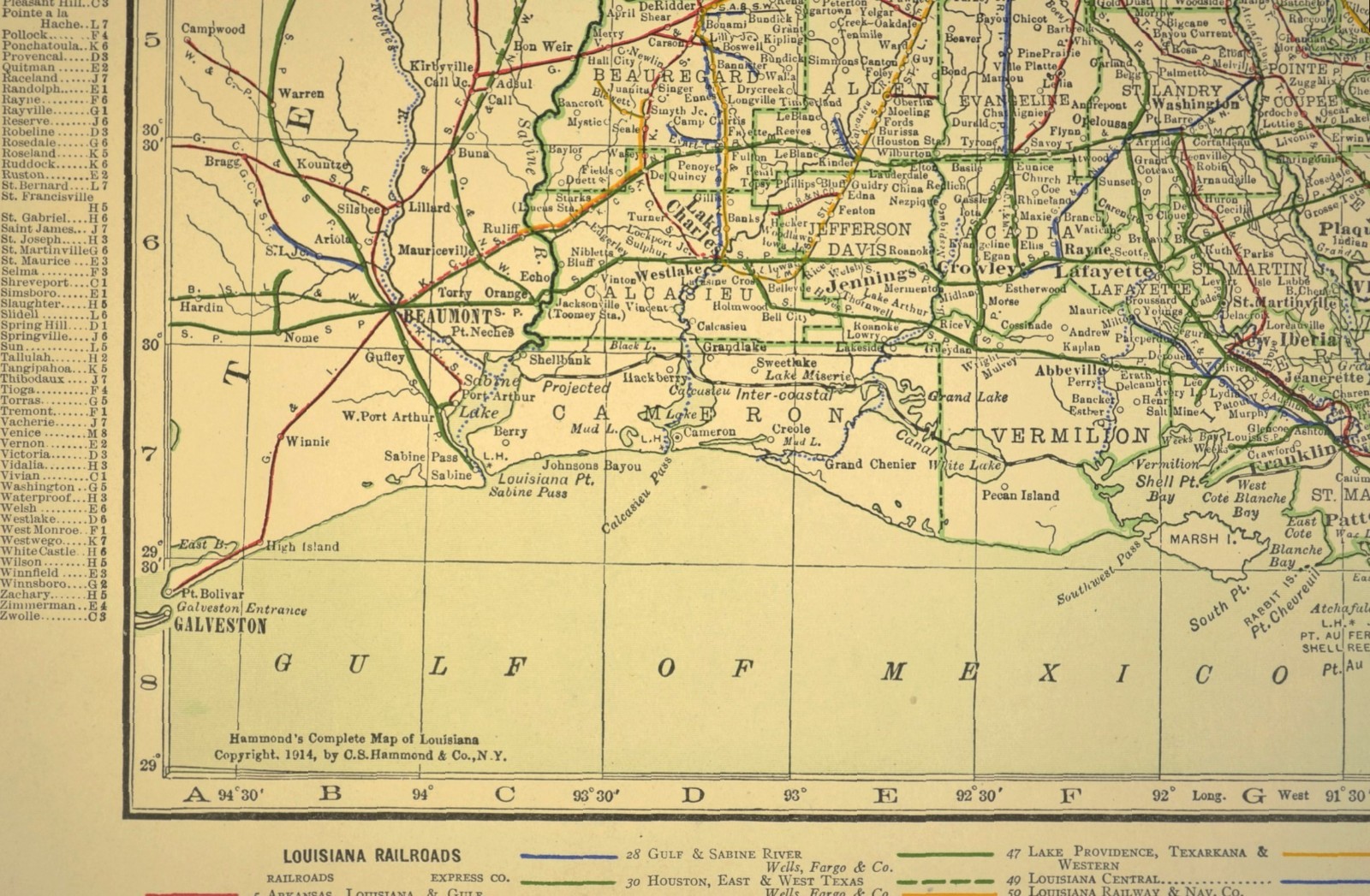 1914 Antique LOUISIANA Railroads Map ORIGINAL Atlas Map Texas & Pacific DATED