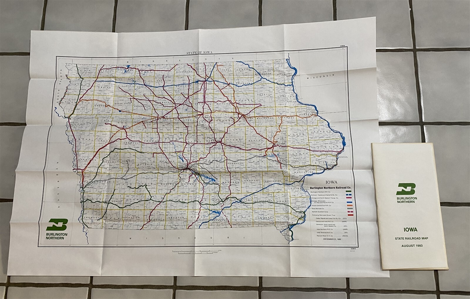 1983 Burlington Northern Railroad Iowa Map 36″ by 25 3/4″