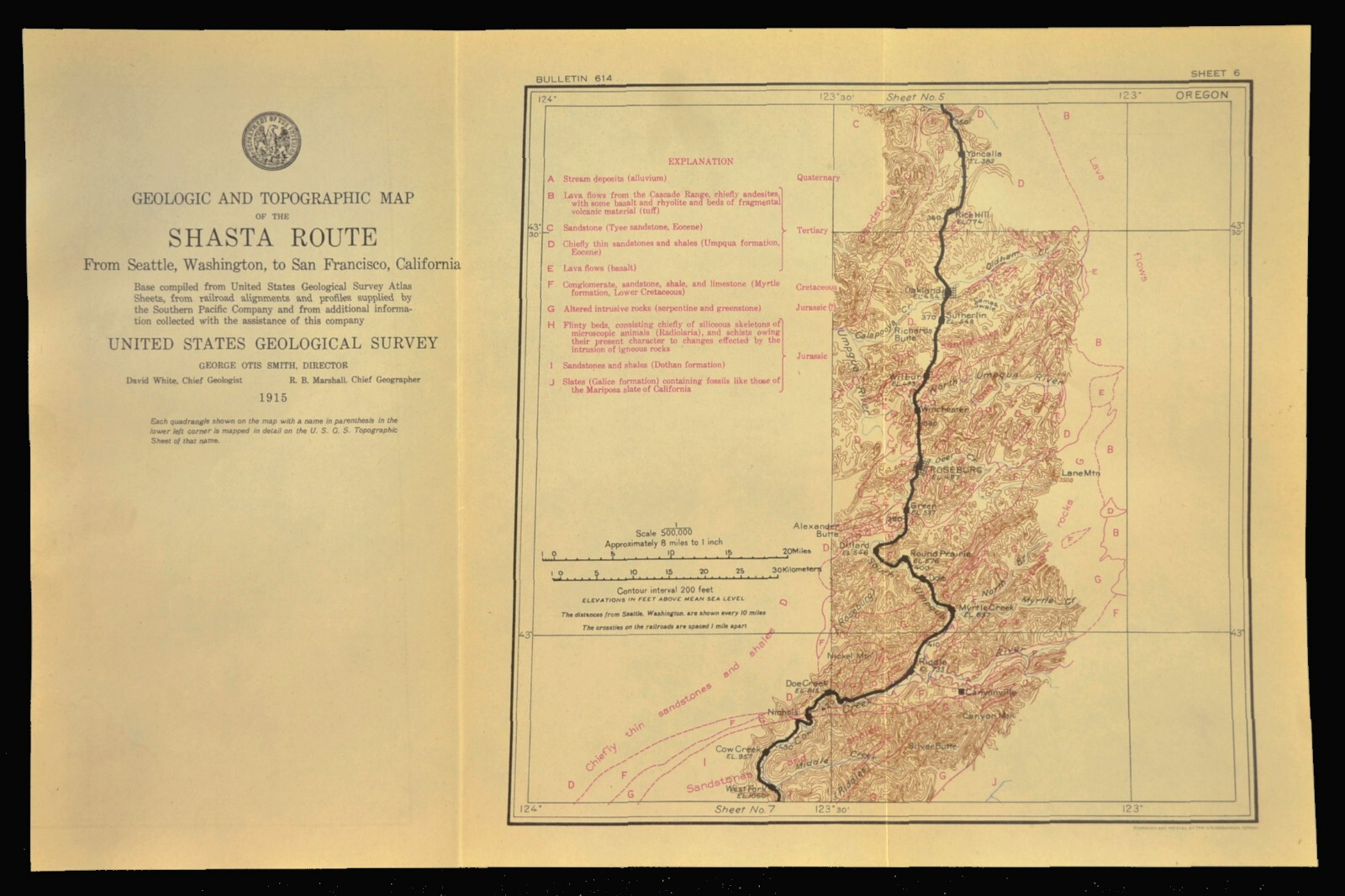 1915 Southern Pacific Railroad Map Roseburg Oregon Sutherlin Green Shasta Route