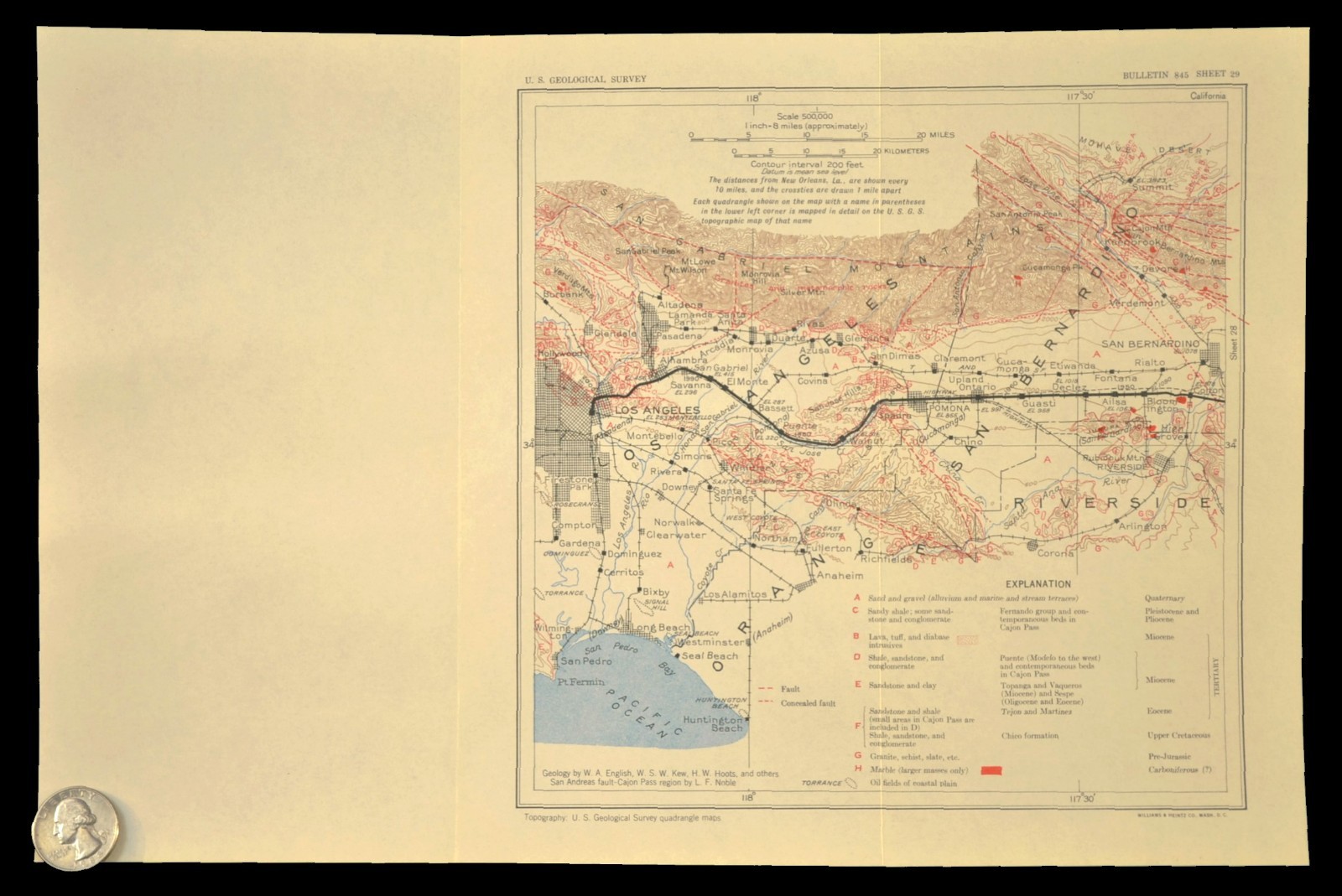 Vintage Southern Pacific Railroad Map LA California San Bernardino Fault Lines