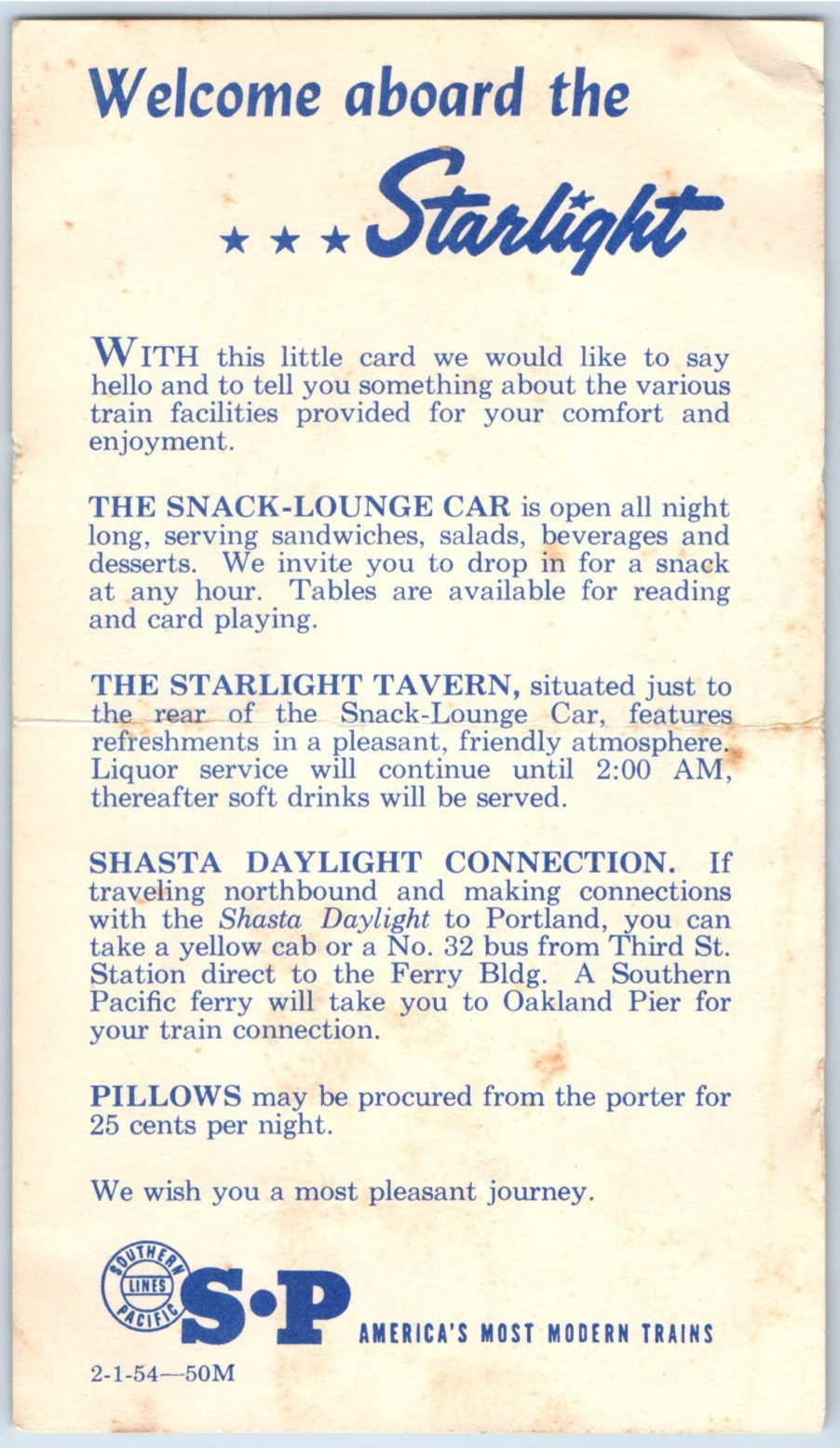 1954 Starlight Southern Pacific Railroad Map Card SP7