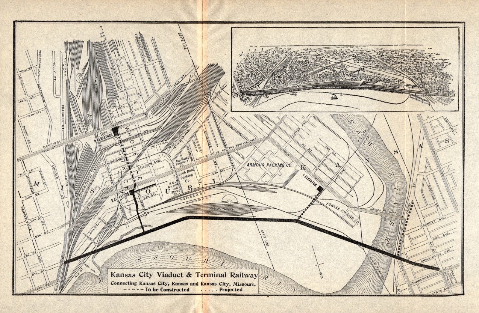 1908 Antique Kansas City Viaduct & Terminal Railway Map 1264
