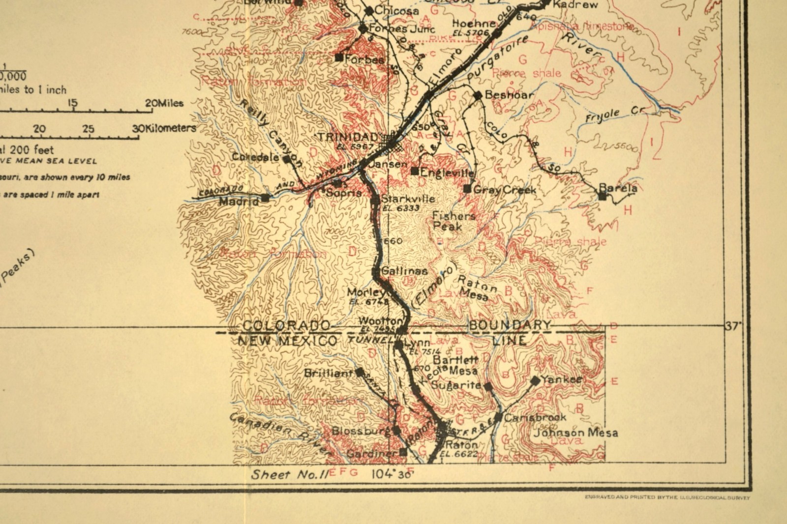 1915 Antique Santa Fe Railroad Map Line Trinidad Colorado Raton NM Geological