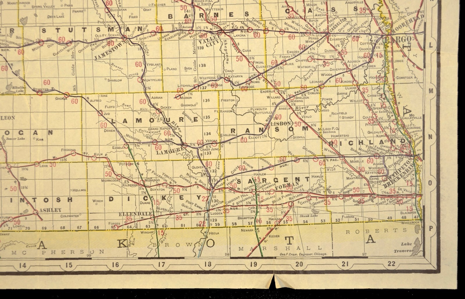 ca 1905 North Dakota Railroad Map Minnesota St Paul & Sault Ste Marie RR