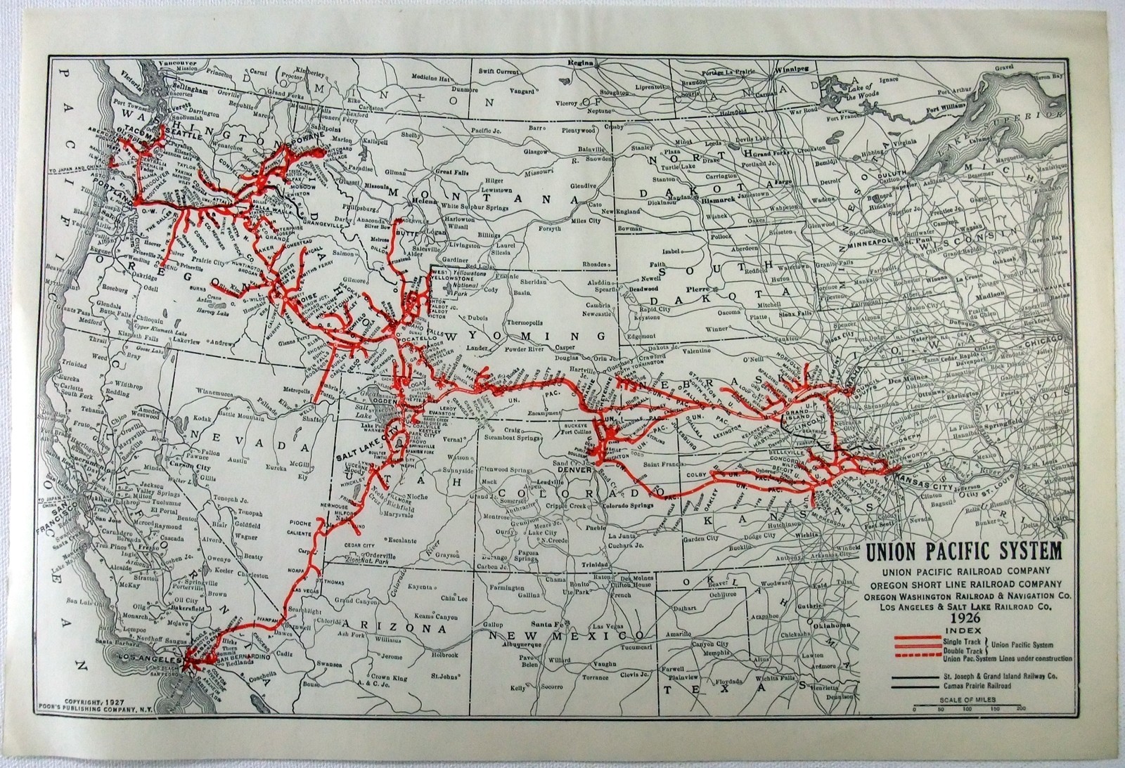 Union Pacific System – Original 1926 Dated Railroad Map. Antique