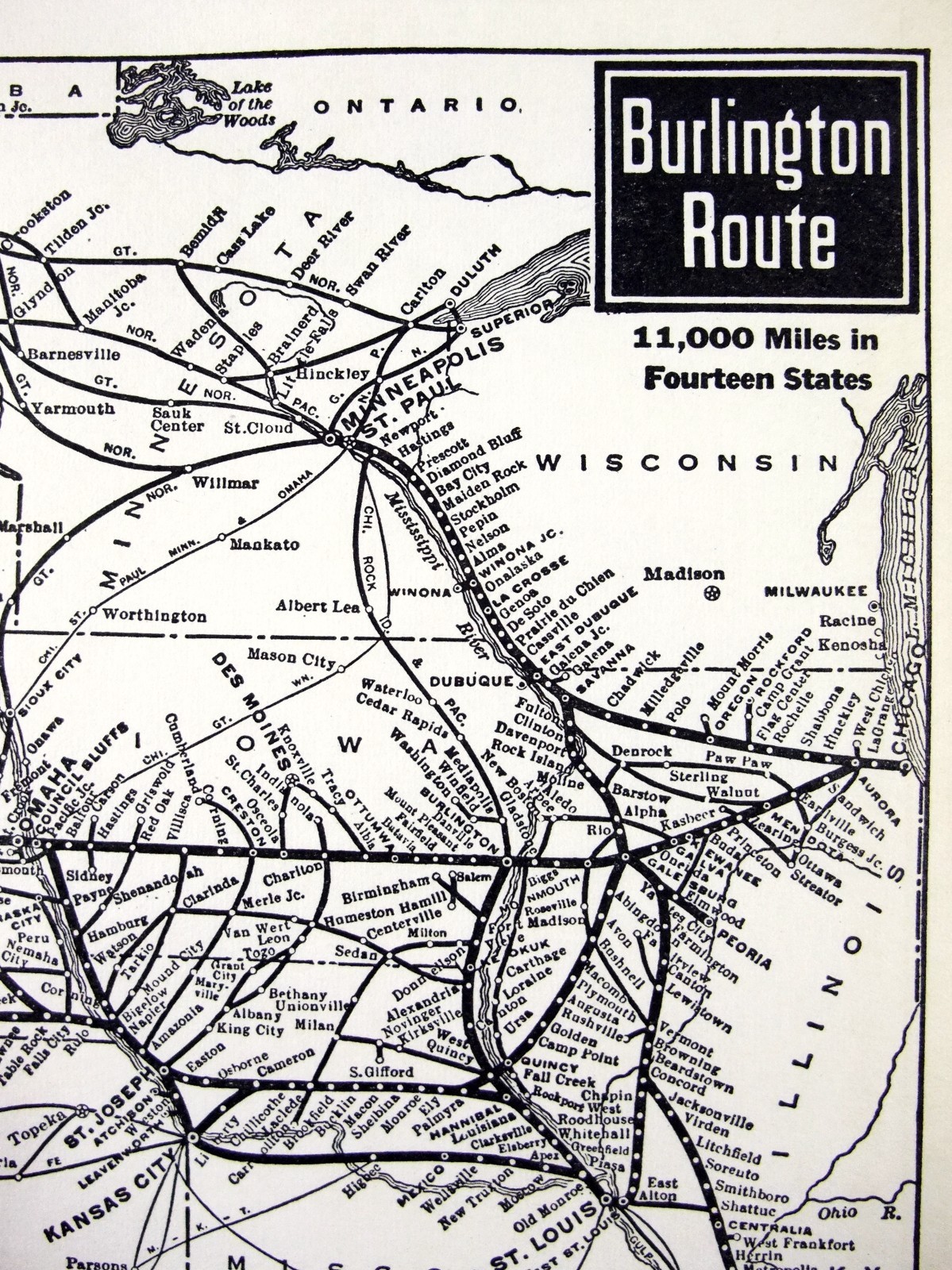 The Burlington Route – Original 1941 Railroad System Map. CBQ Railway Vintage