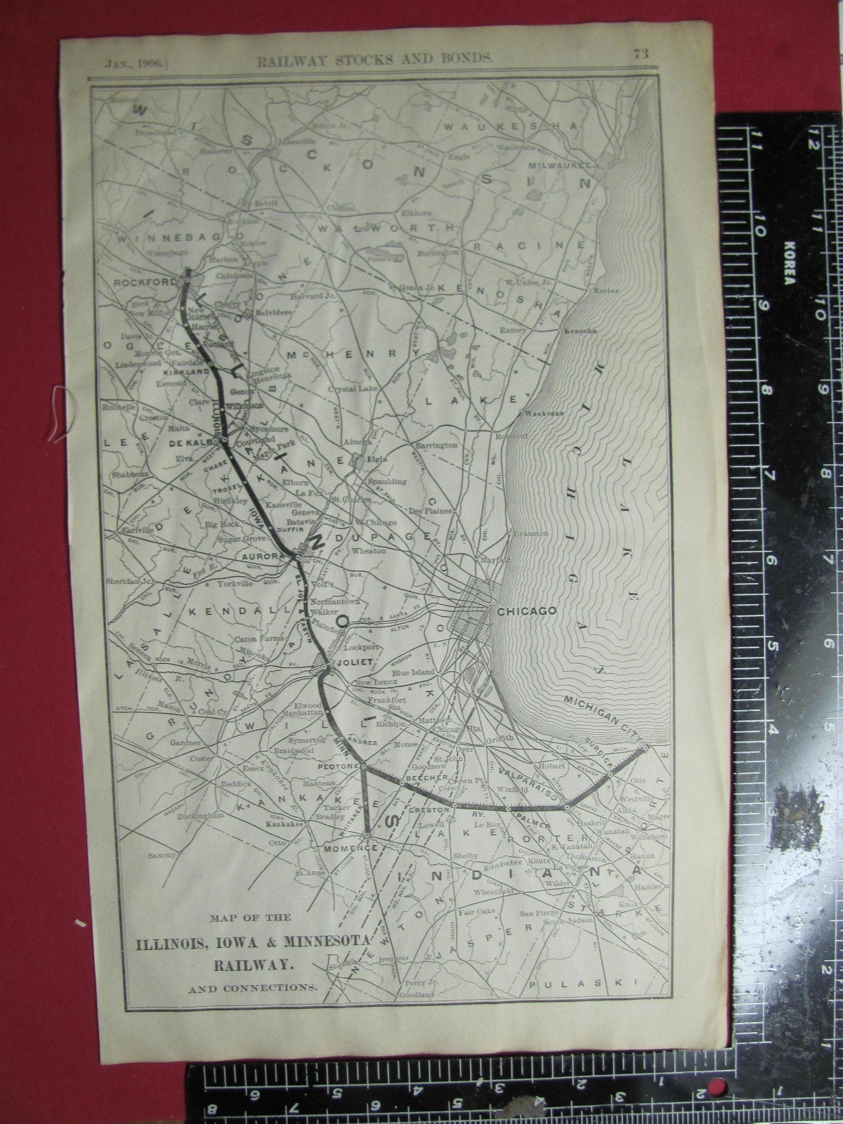 RARE ORIGINAL 1906 ILLINOIS IOWA & MINNESOTA RAILROAD SYSTEM MAP w/ STATIONS