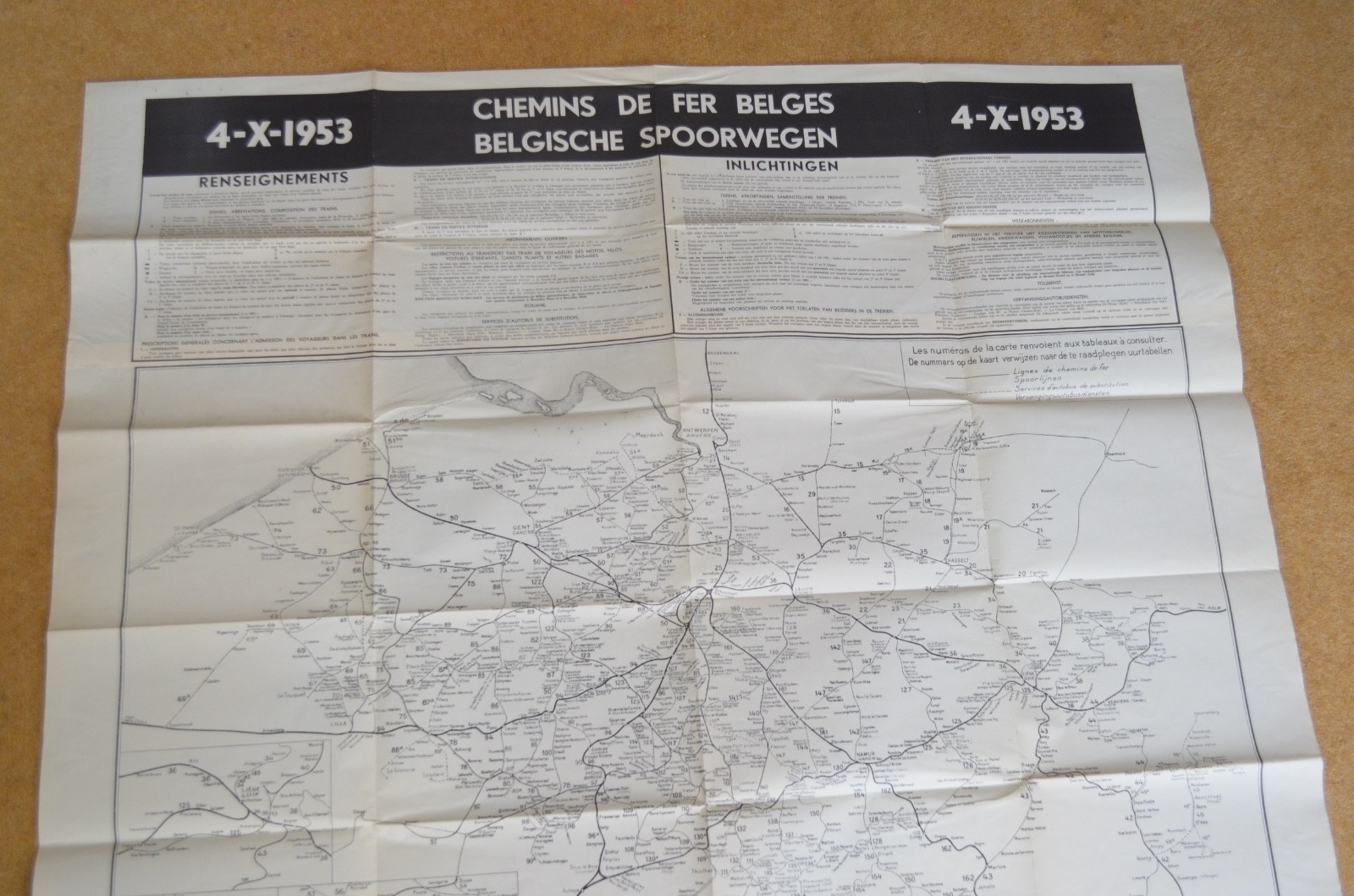 Transport Network Map Belgium Chemins De Fer Belges Belgische Spoorwegen 1953