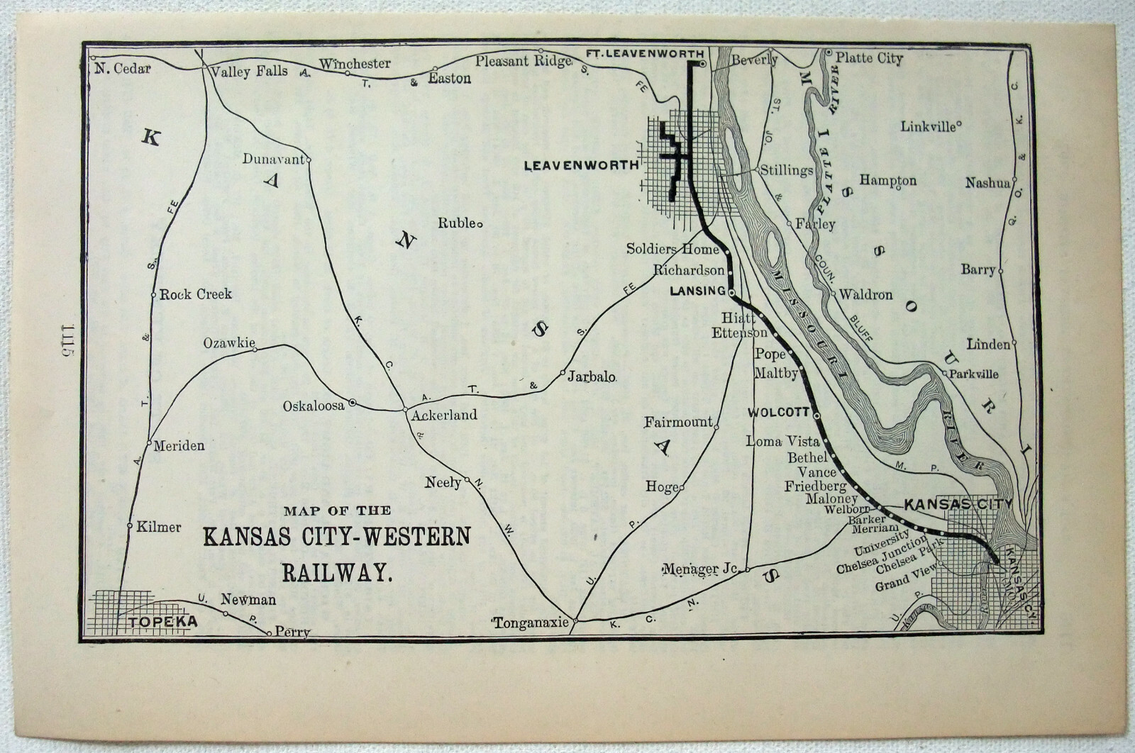 Kansas City Western Railway – 1907 Route Map. Antique
