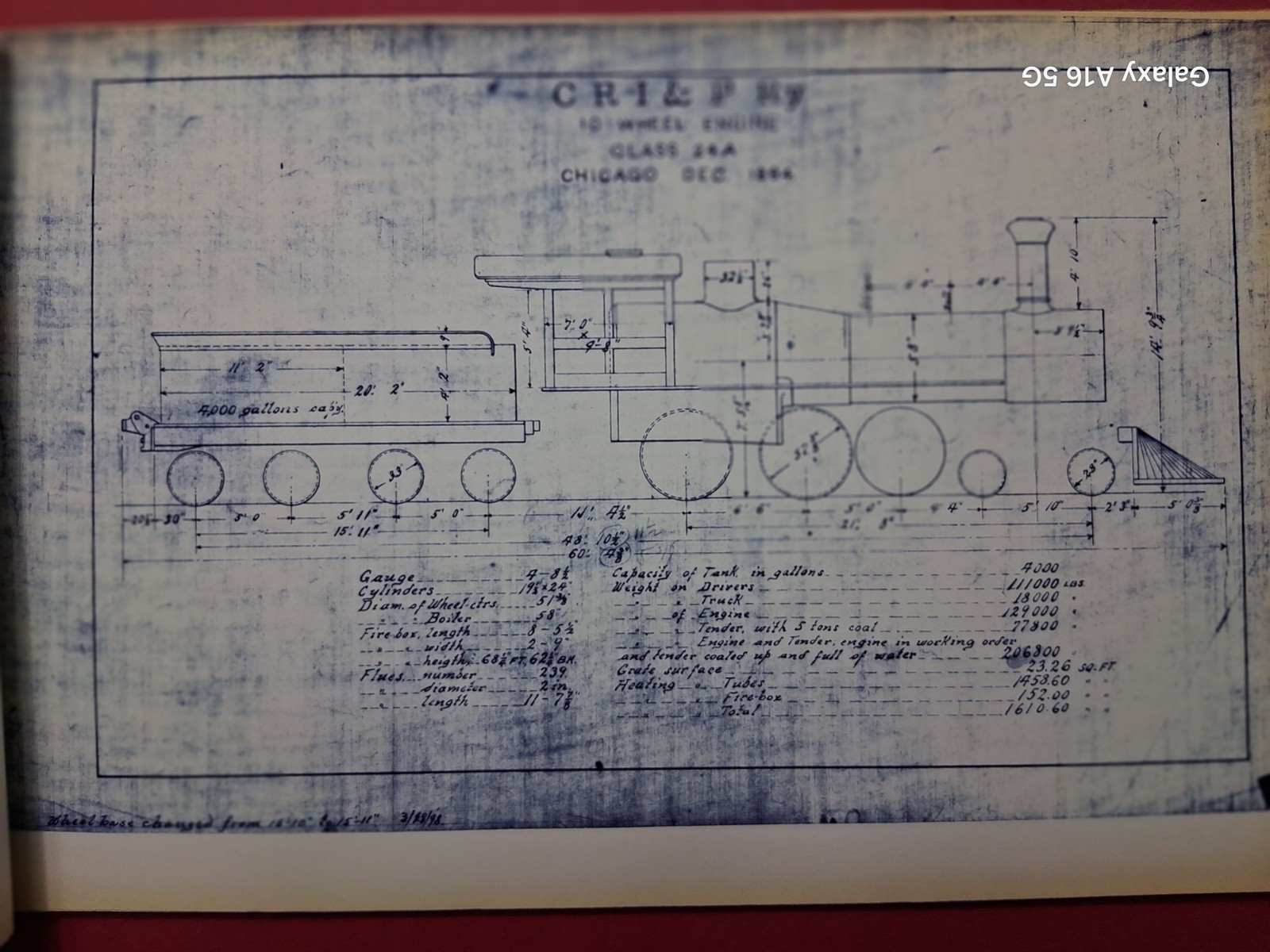 CHICAGO ROCK ISLAND & PACIFIC RAILROAD 4-6-0 LOCOMOTIVE ORIG 1897 BLUEPRINT DATA