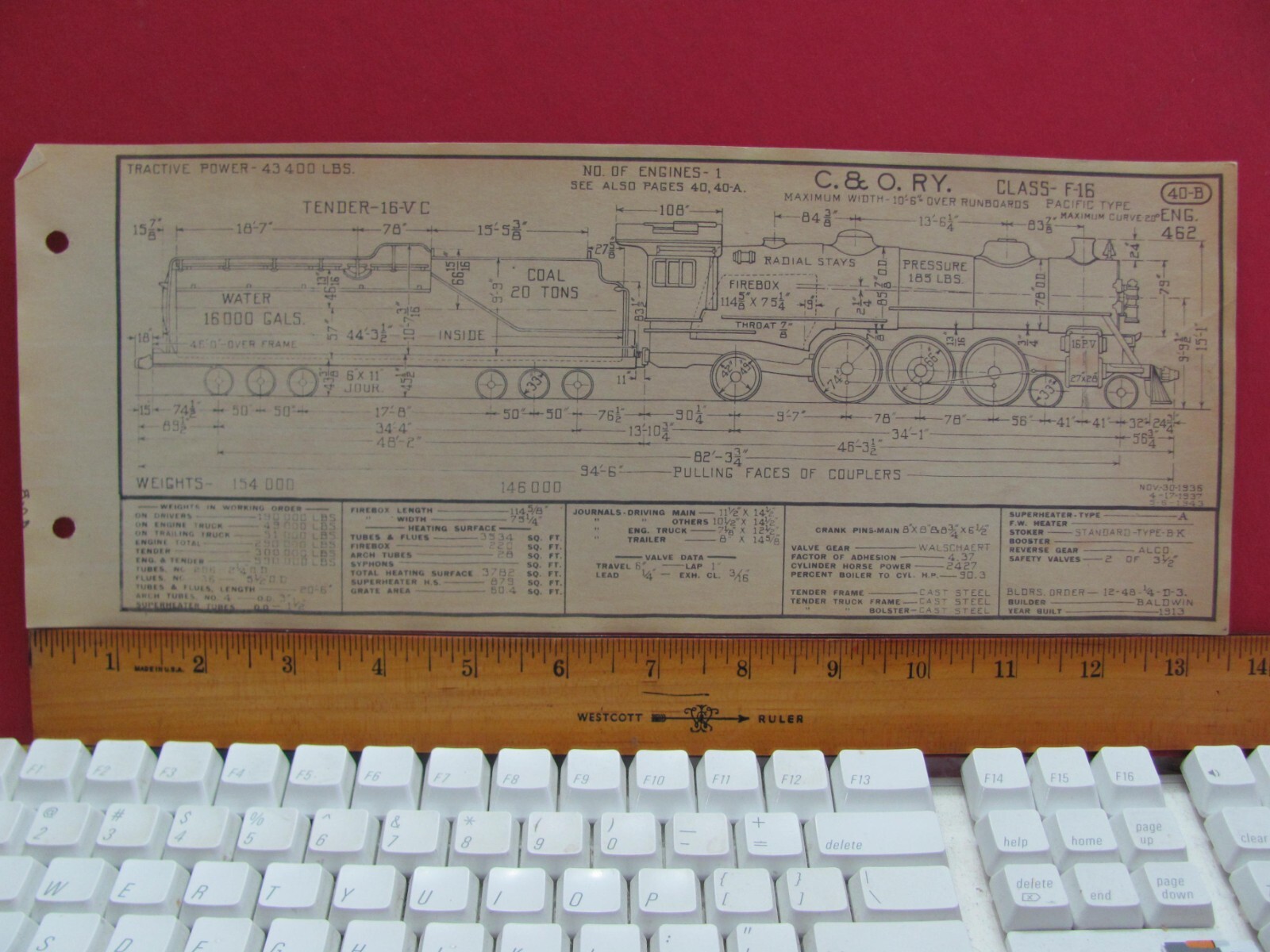 CHESAPEAKE & OHIO RAILROAD ORIG PRINTED DIAGRAM CLASS F-16 4-6-2 LOCOMOTIVE #462