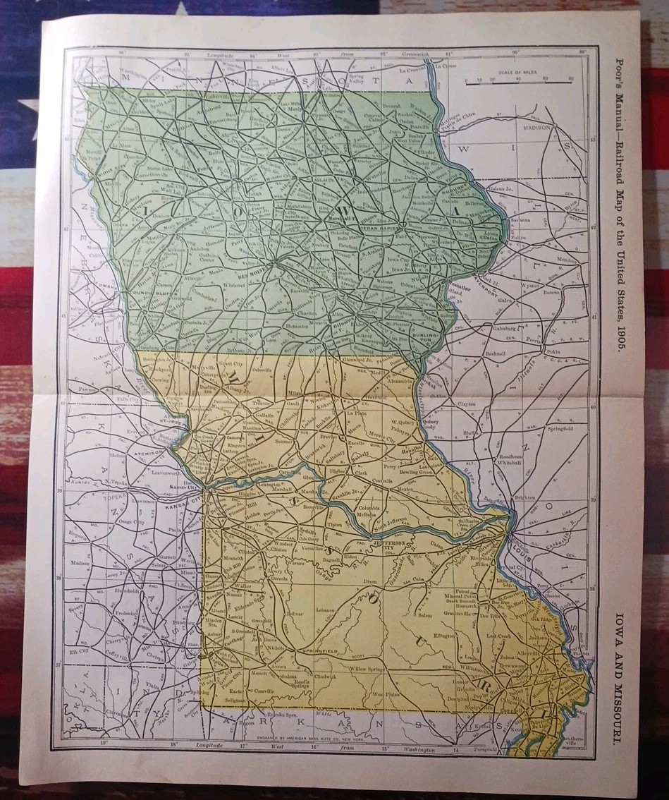 1905 Train Route Map IOWA & MISSOURI all Railroad Lines marked 11″x9″ Stations