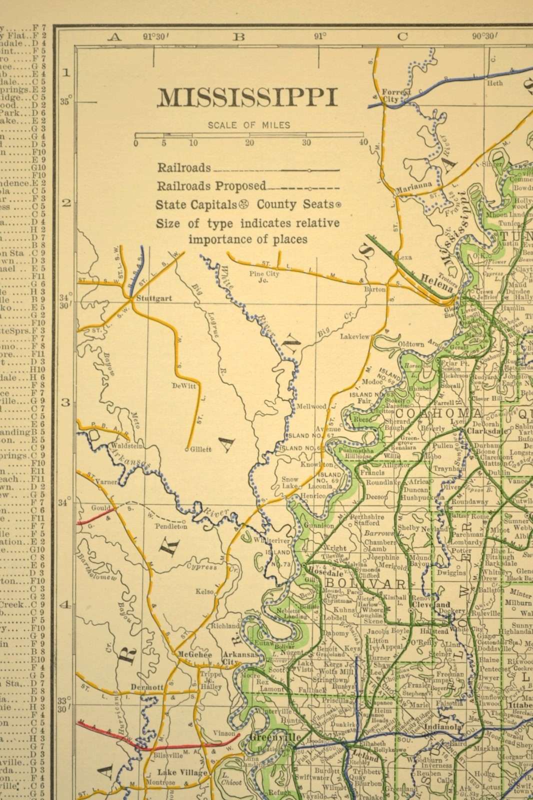 1914 Antique Map of MISSISSIPPI Railroads Map ORIGINAL Atlas Map IC RR DATED