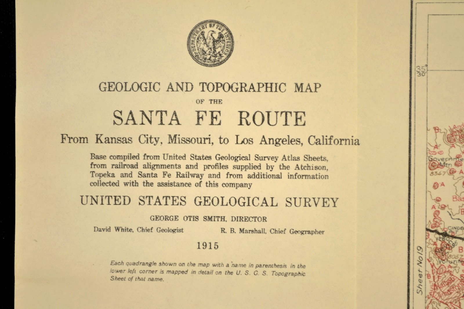 1915 Antique Santa Fe Railroad Map Line Flagstaff Arizona Cliffs AZ Geological
