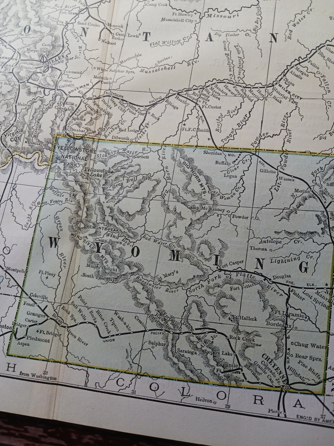 ☆1895 Antique Train Route Map Wyoming Montana All Railroad Lines Marked 11″×9″