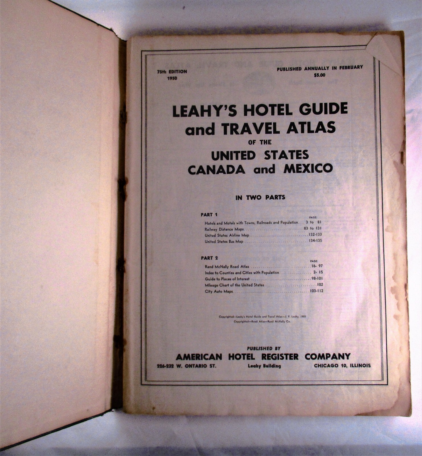 1950 Leahy Hotel Guide Travel Atlas Santa Fe Railrod Canada United States Mexico