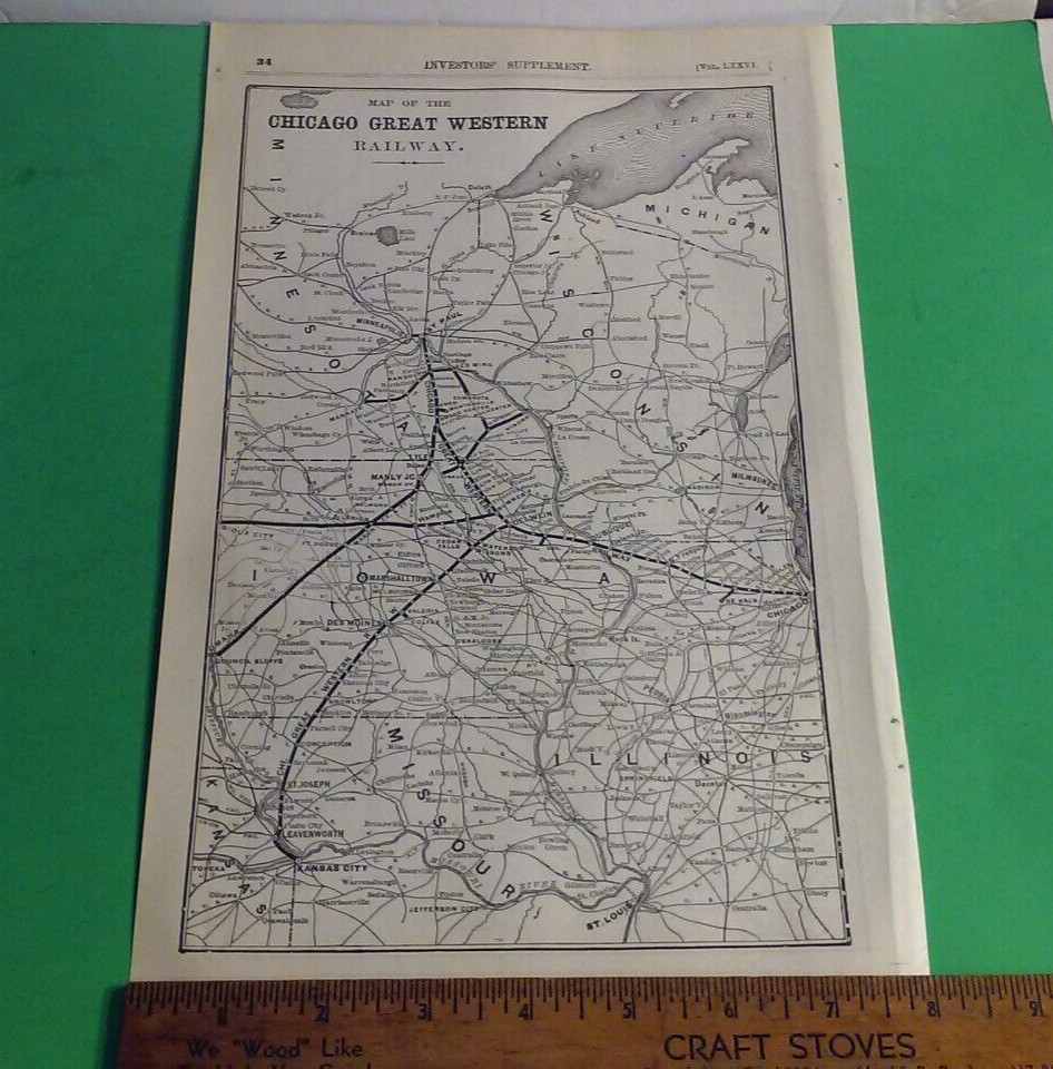 Rare 1903 Railroad Map of The CHICAGO GREAT WESTERN Railway System & Routes