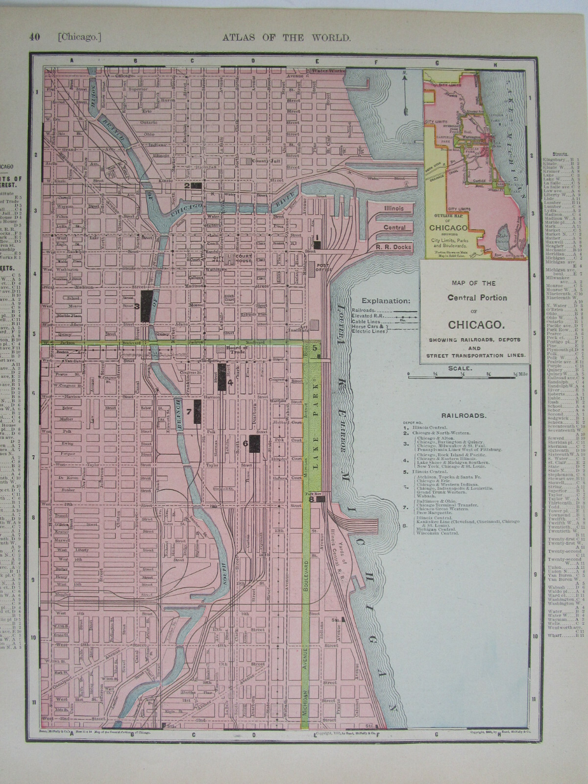IL 1905 DATED CHICAGO Map McNally RAILROAD DEPOTS STREET LINES or ILLINOIS State