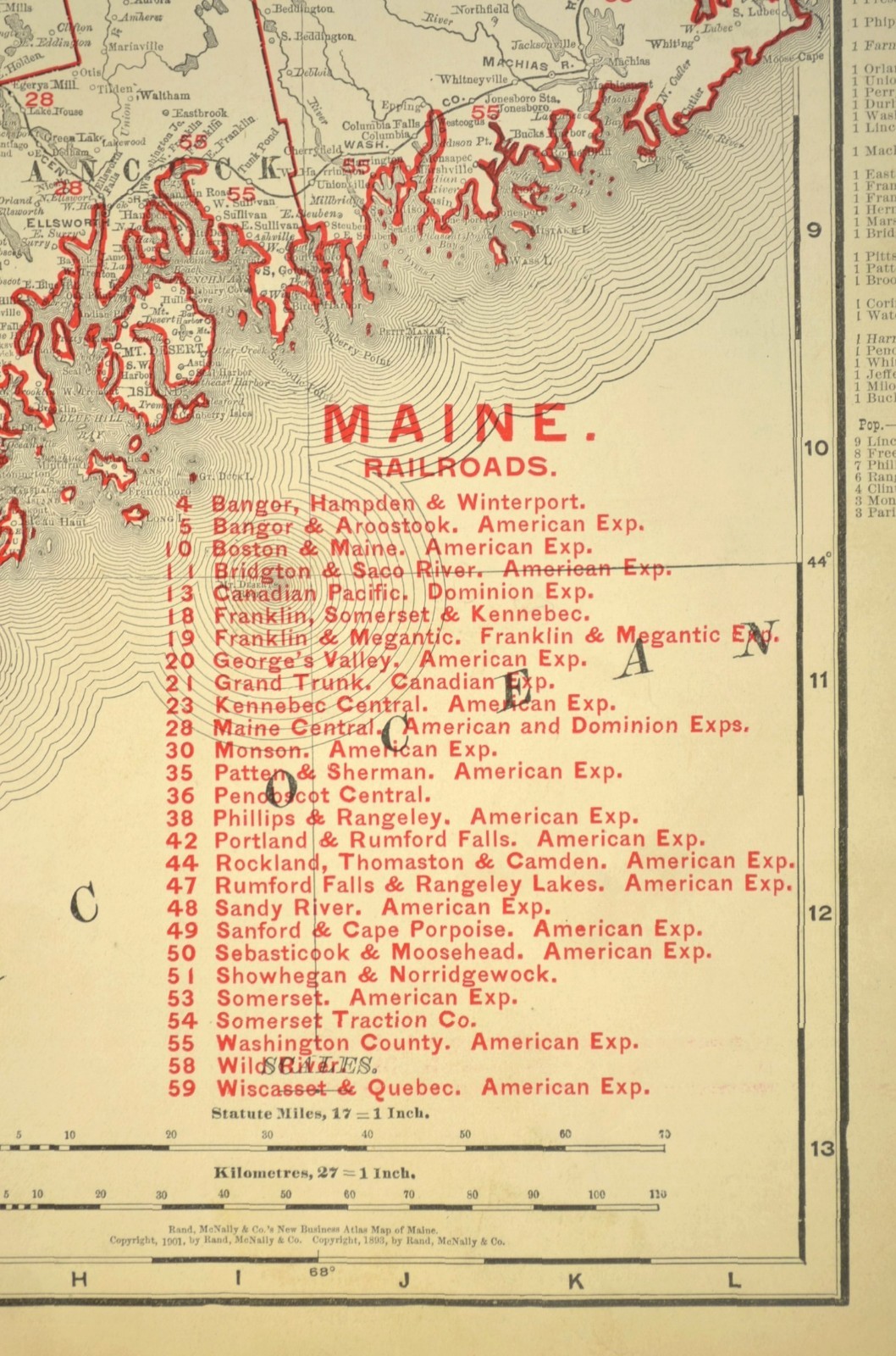 1901 Antique Maine Railroad Map Large Maine Central RR BAR CN RR Atlas Map DATED
