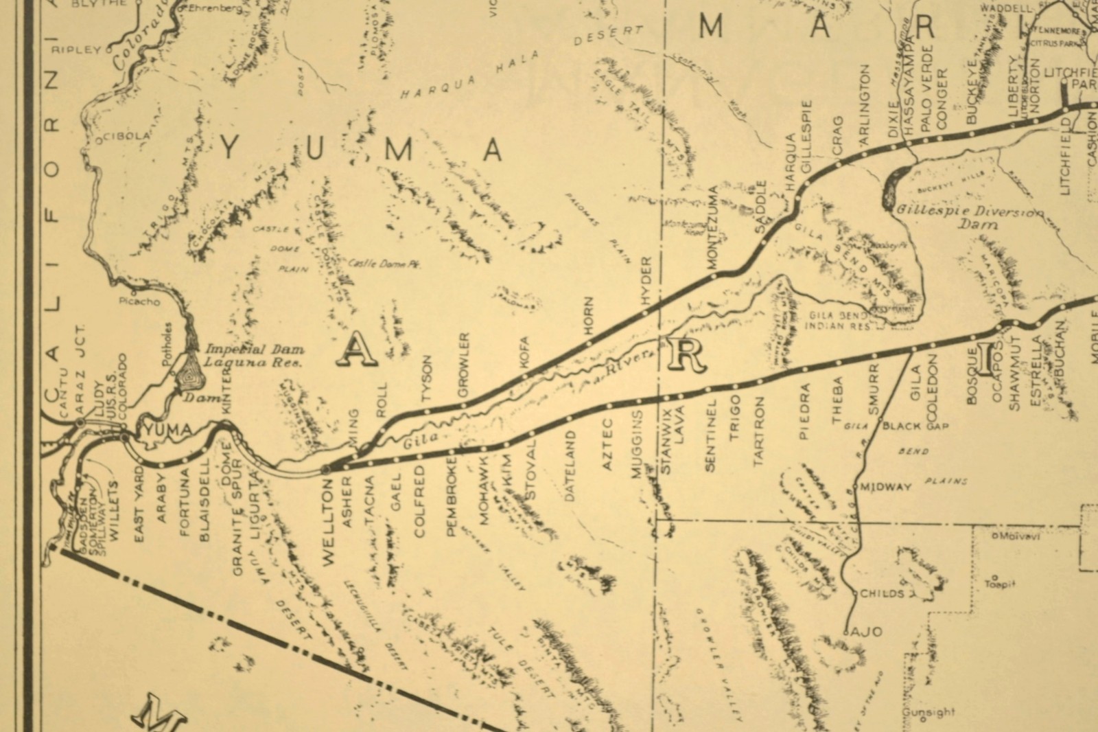 Southern Pacific Railroad Map Tucson Division Yuma Arizona Christmas Branch