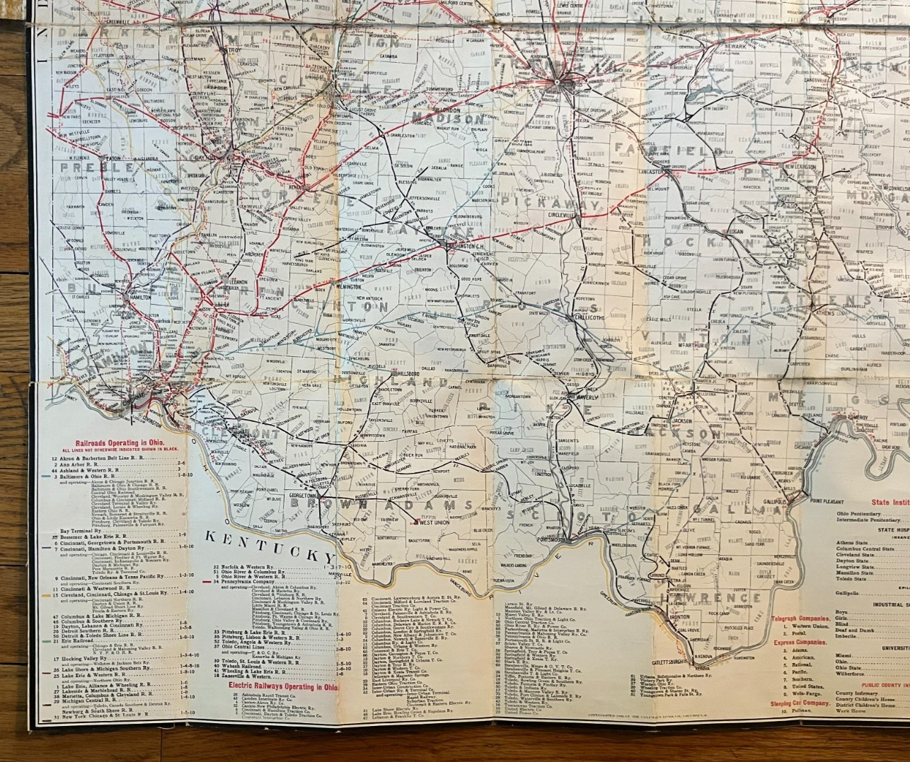 Antique 1905 Railway Railroad Map Of Ohio Linen Back Columbus Lithograph Company
