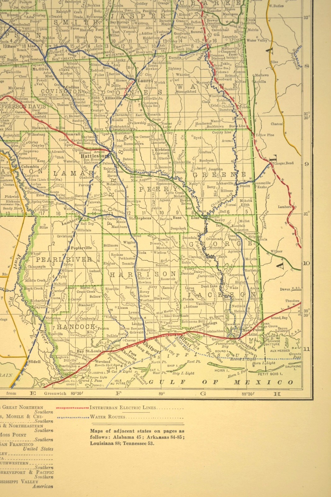 1914 Antique Map of MISSISSIPPI Railroads Map ORIGINAL Atlas Map IC RR DATED