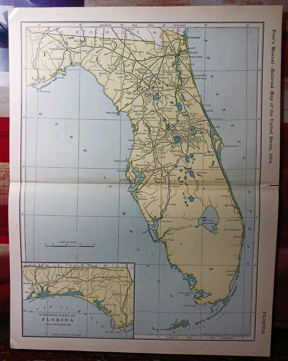 ~1904 Vintage Railroad Map FLORIDA all Lines Trains & Depots marked 11″x9″ Rare
