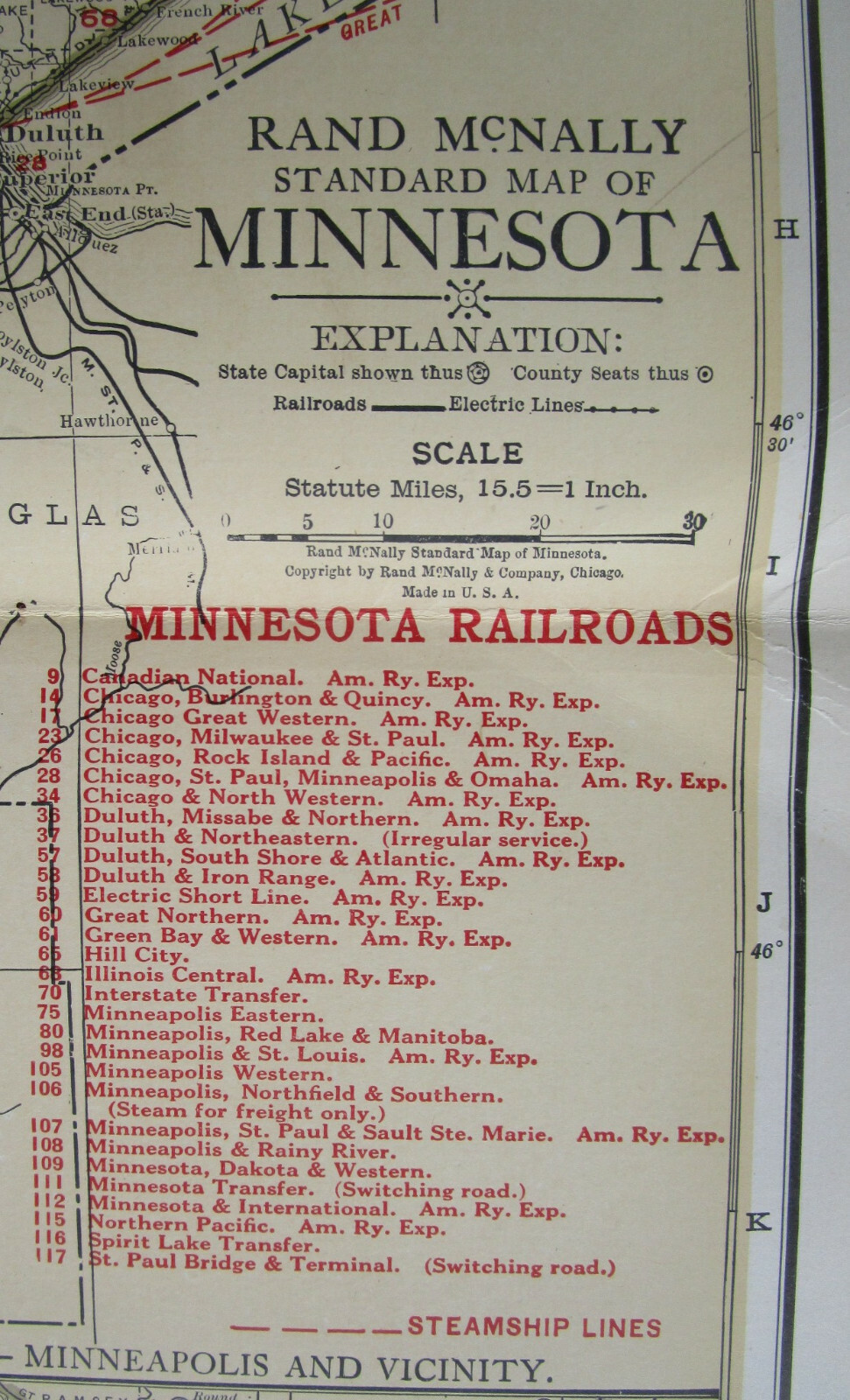 MN 1924 MINNESOTA STEAM RAILROAD Map. SPIRIT LAKE TRANSER RR; HILL CITY RR